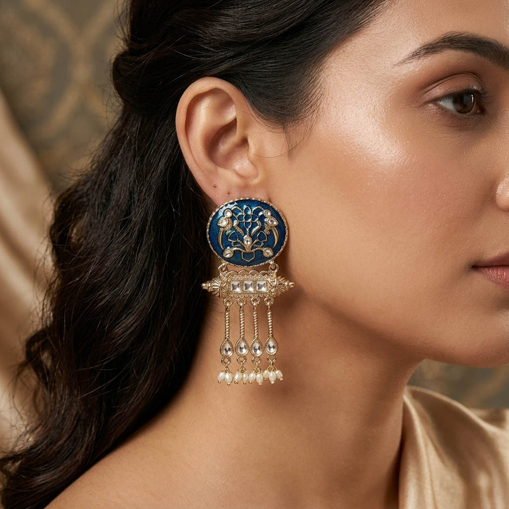 Turquoise Blue Color Meena Work Kundan Earrings Vibrant Traditional Jewelry