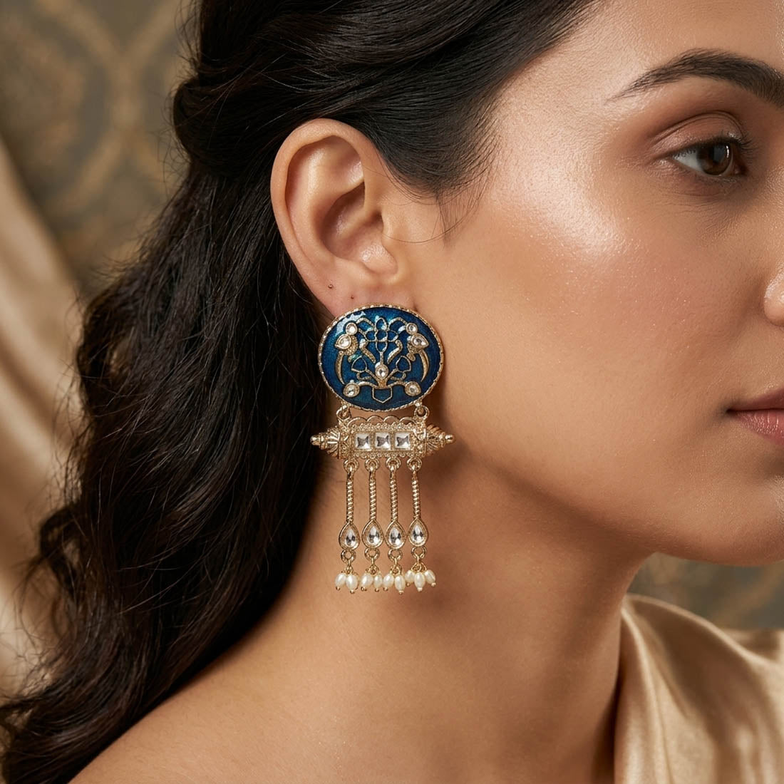 Turquoise Blue Color Meena Work Kundan Earrings Vibrant Traditional Jewelry