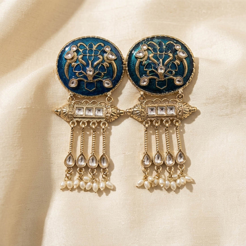 Turquoise Blue Color Meena Work Kundan Earrings Vibrant Traditional Jewelry