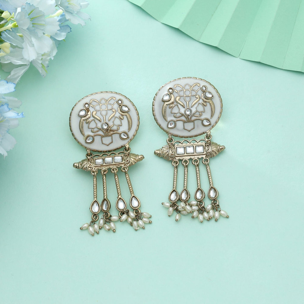 White Color Meena Work Kundan Earrings Elegant Ethnic Wedding Jewelry