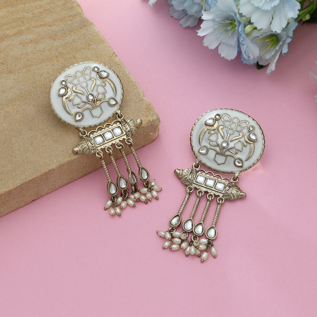 White Color Meena Work Kundan Earrings Elegant Ethnic Wedding Jewelry