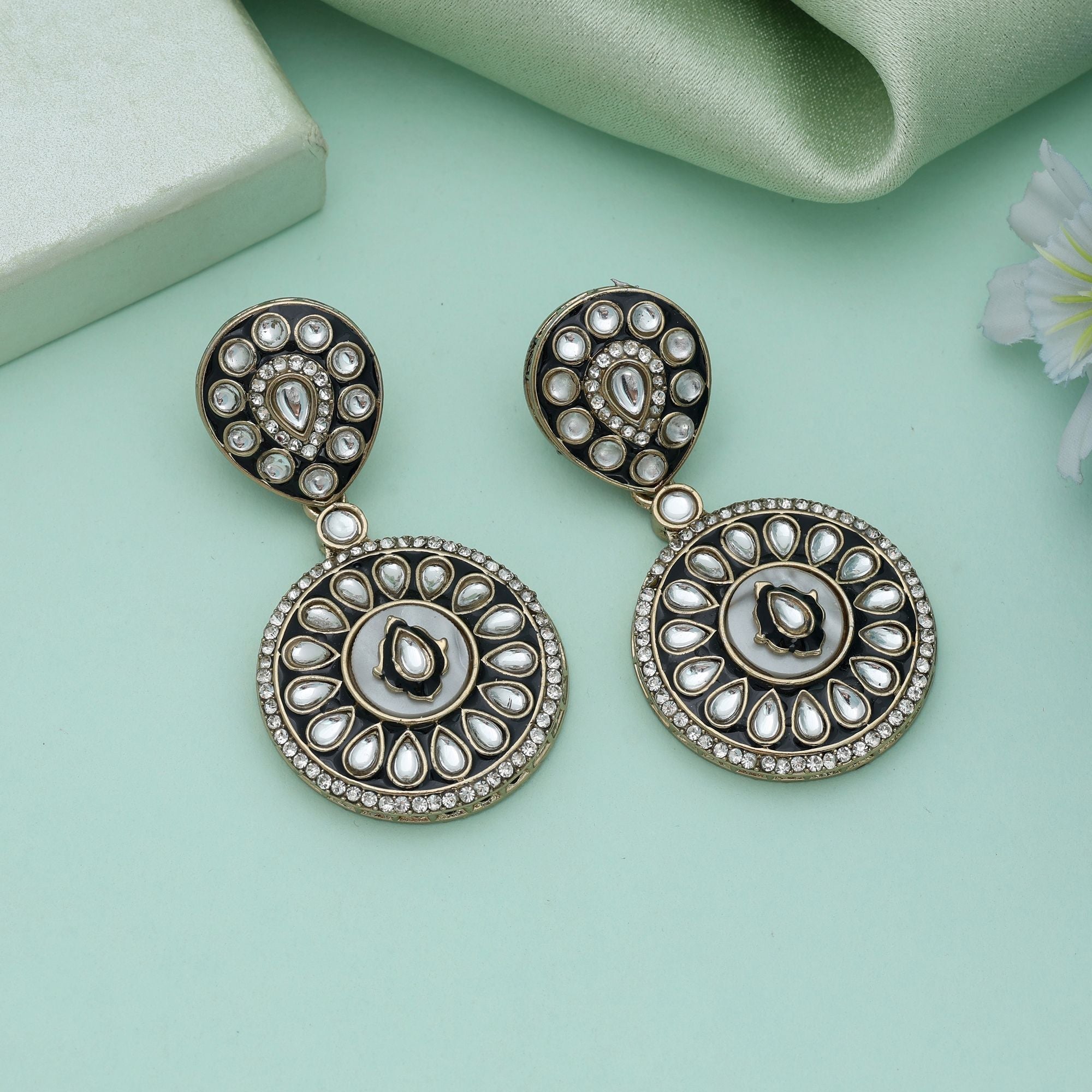 Black Color Meena Work Kundan Earrings Bold Party Wear Jewelry