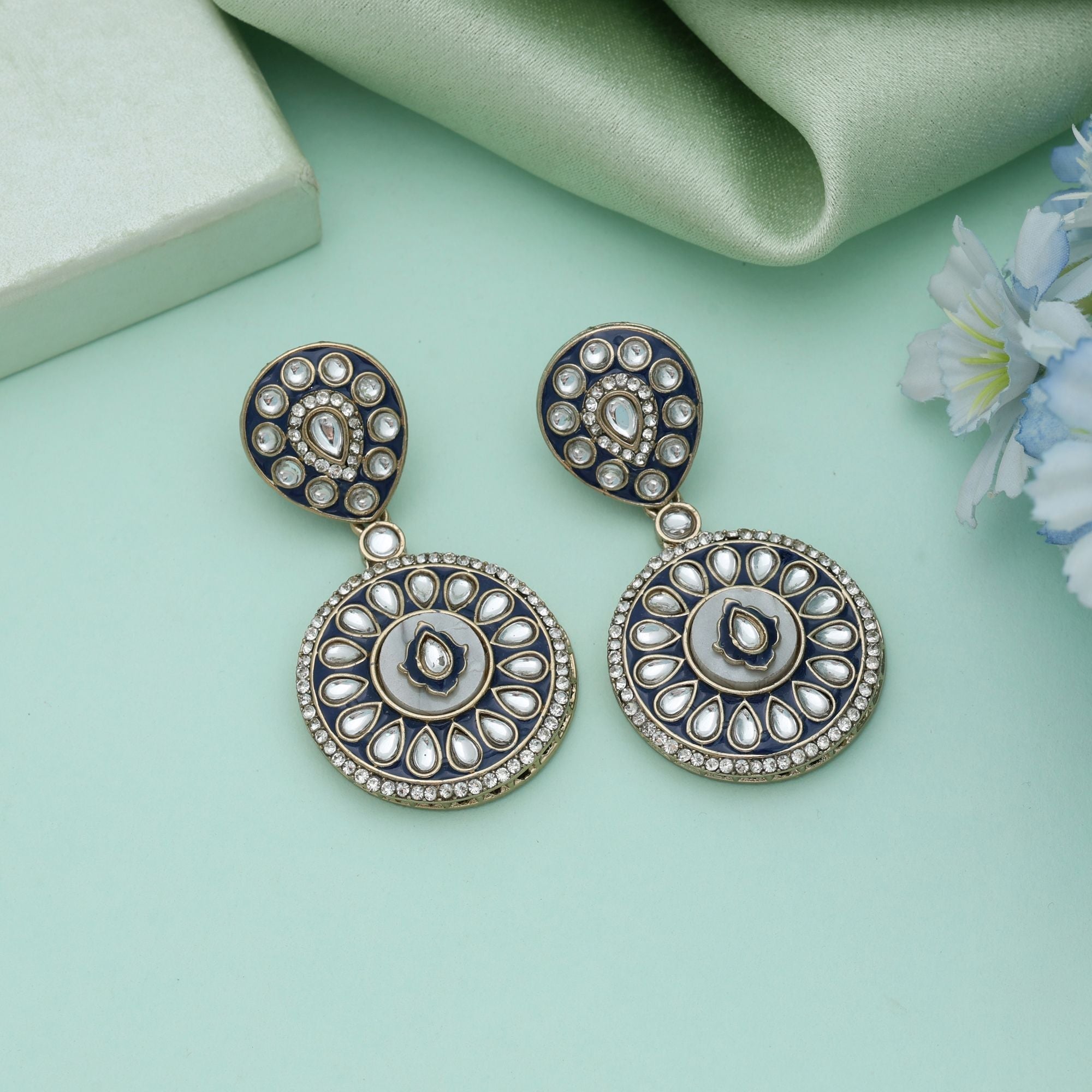 Blue Color Meena Work Kundan Earrings Royal Party Wear Jewelry