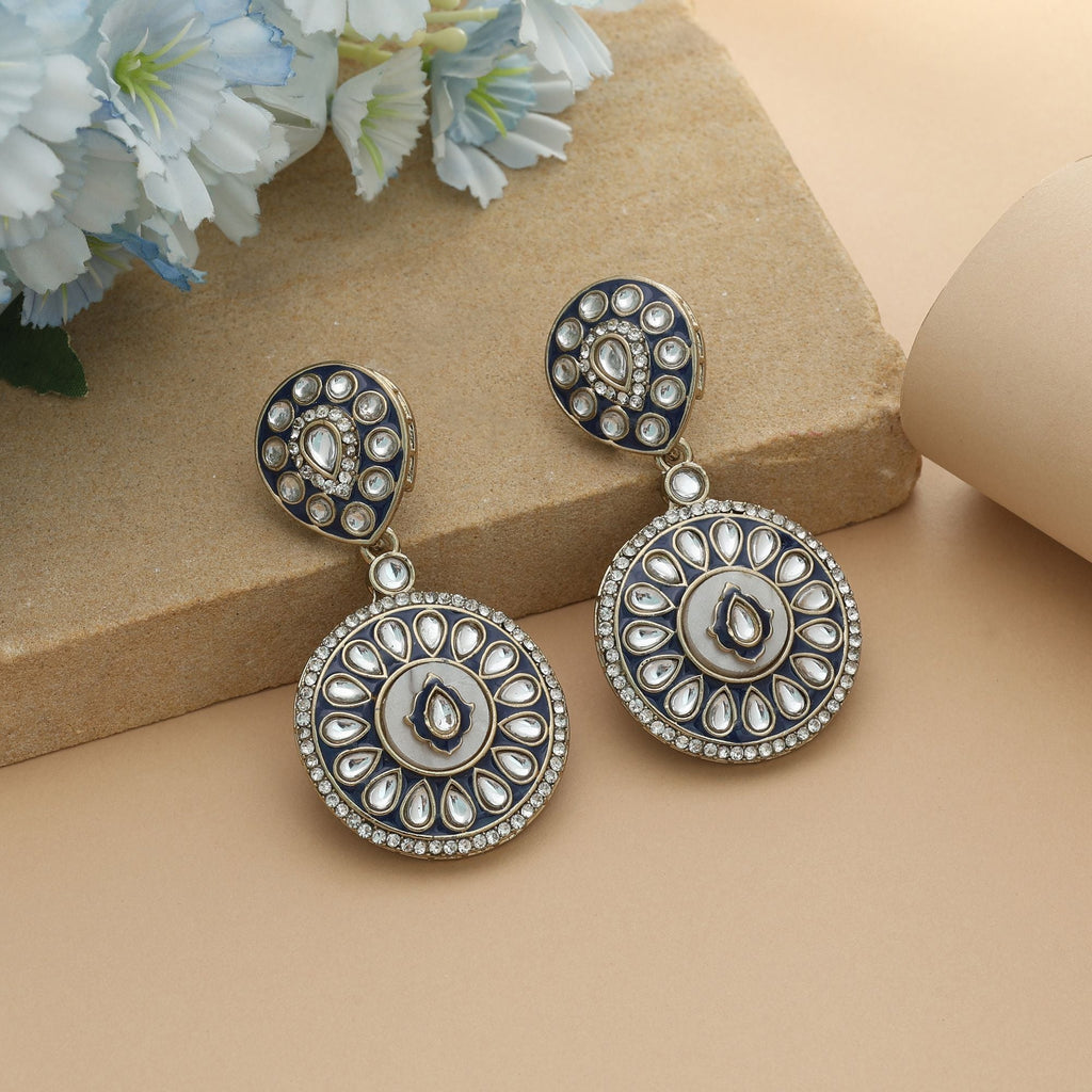 Blue Color Meena Work Kundan Earrings Royal Party Wear Jewelry