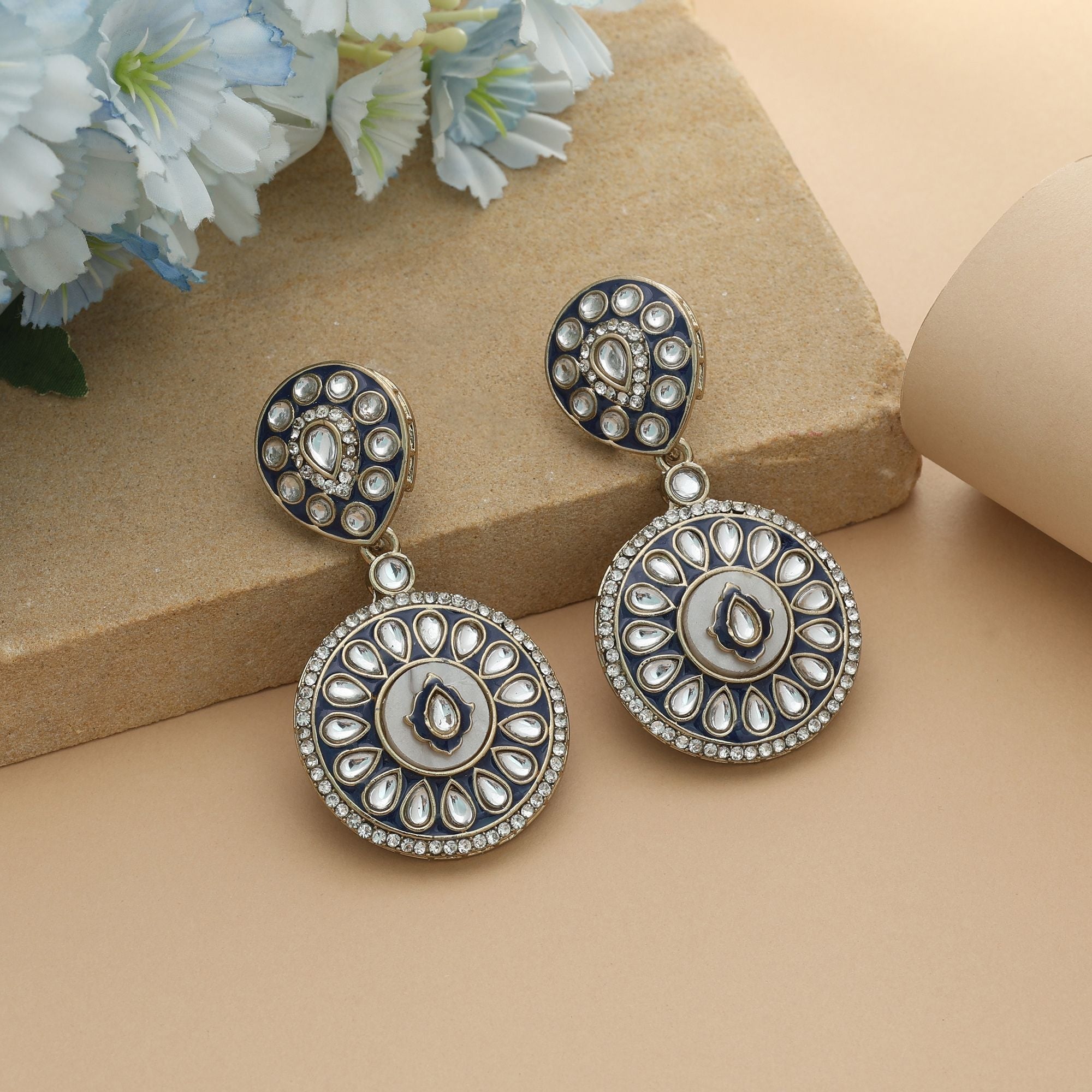 Blue Color Meena Work Kundan Earrings Royal Party Wear Jewelry