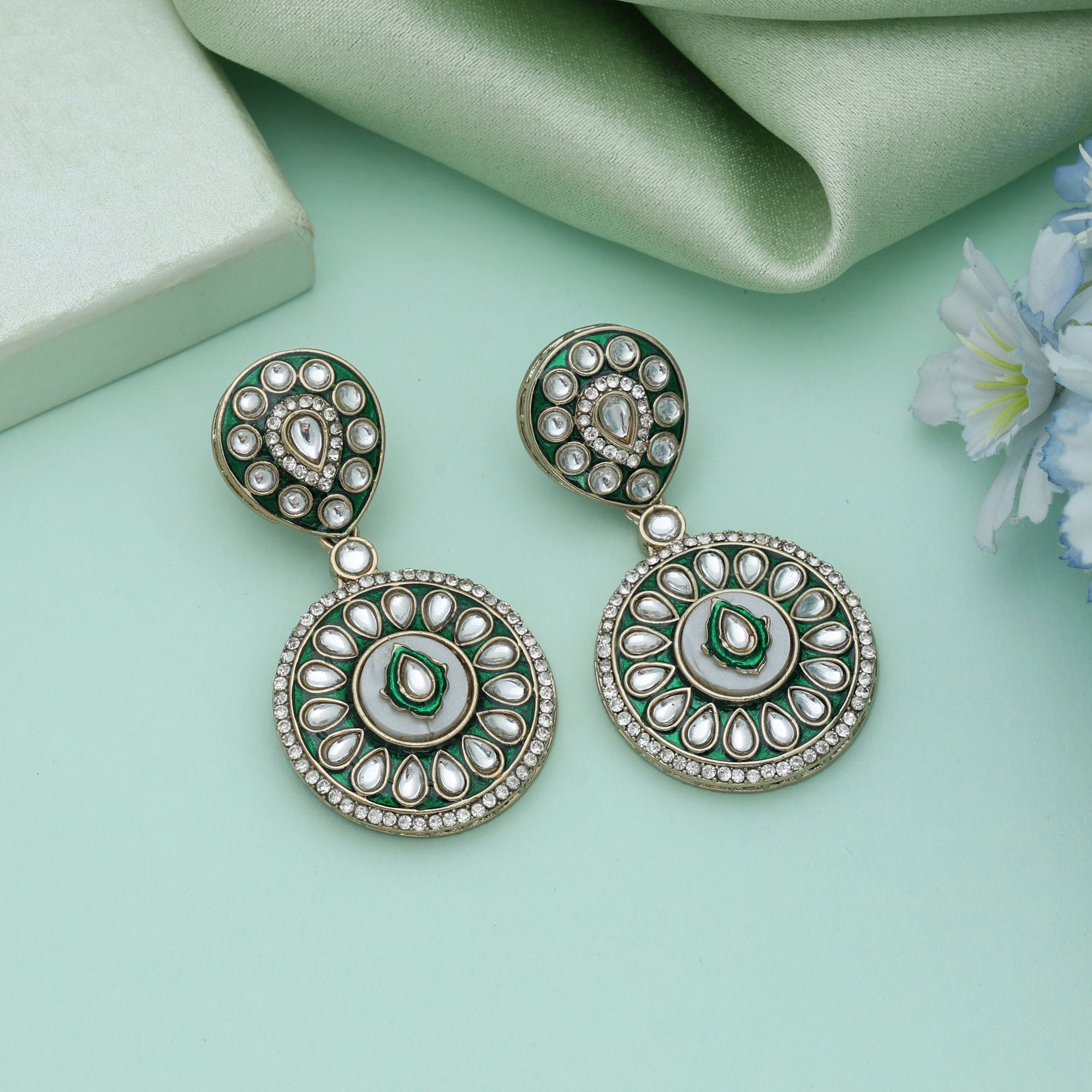 Green Color Meena Work Kundan Earrings Elegant Wedding Jewelry