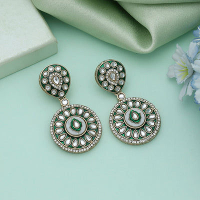Green Color Meena Work Kundan Earrings Elegant Wedding Jewelry