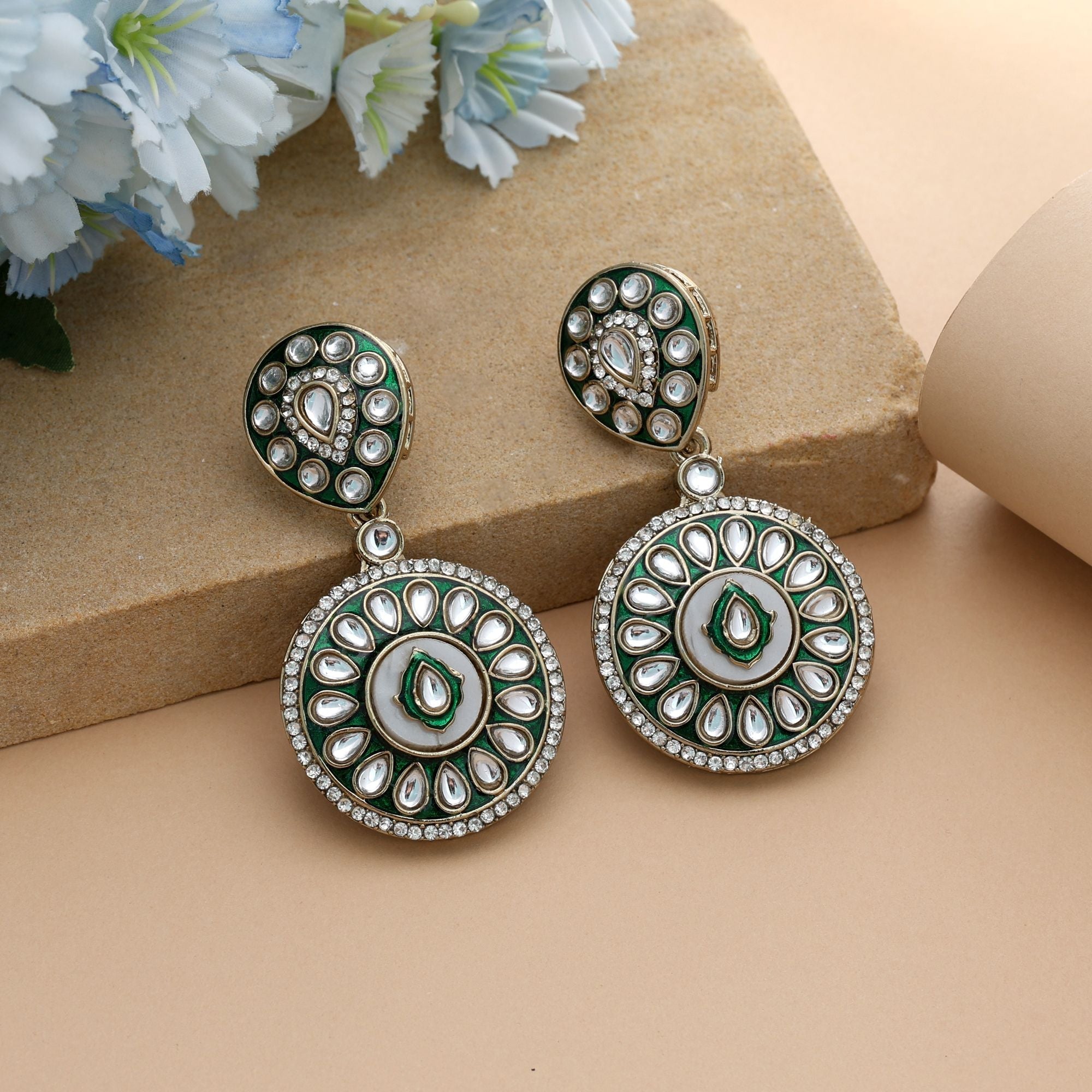 Green Color Meena Work Kundan Earrings Elegant Wedding Jewelry