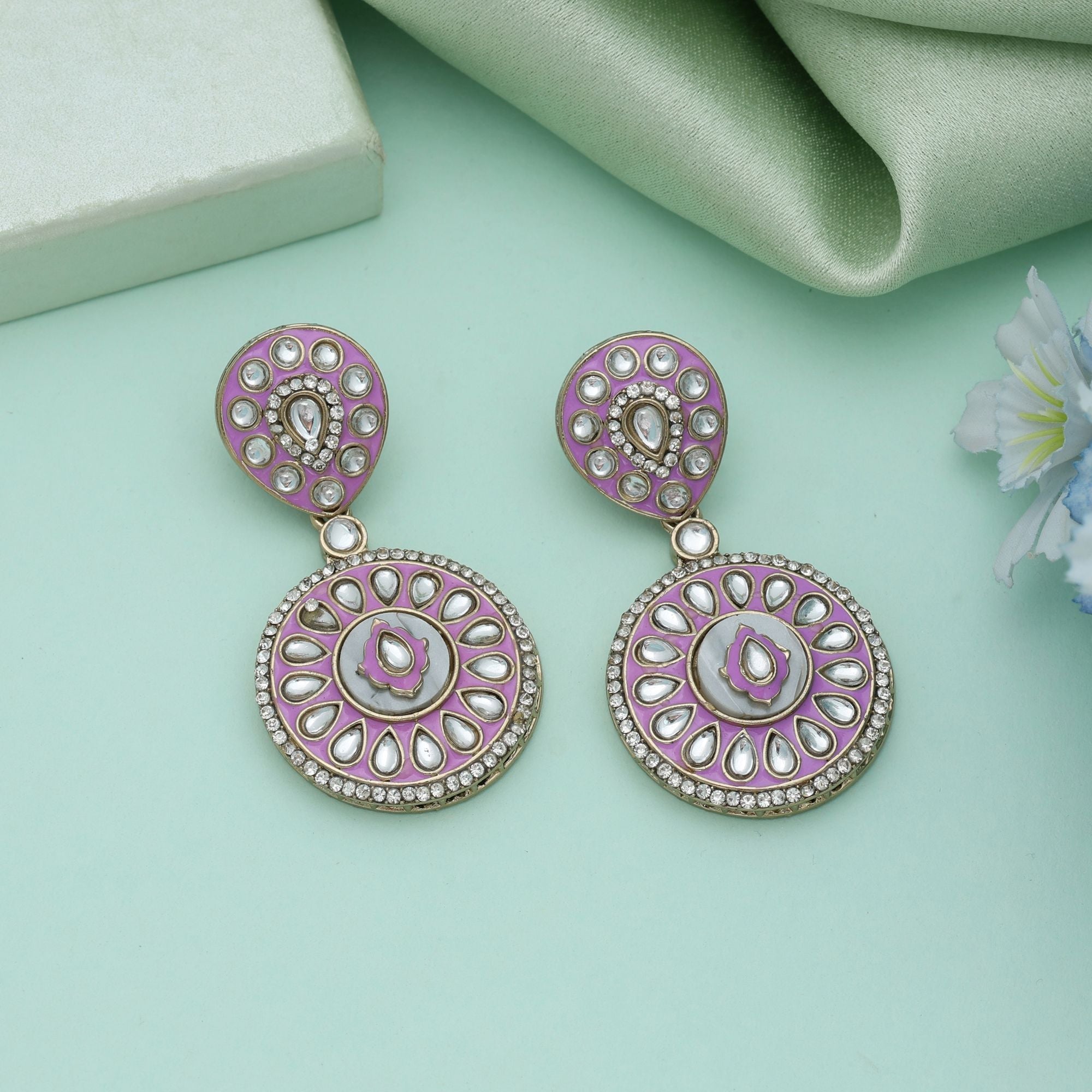 Light Purple Color Meena Work Kundan Earrings Stylish Traditional Jewelry