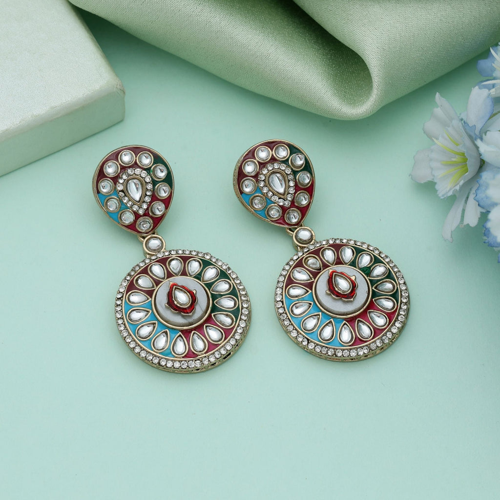 Multi Color Meena Work Kundan Earrings Festive Ethnic Designer Jewelry