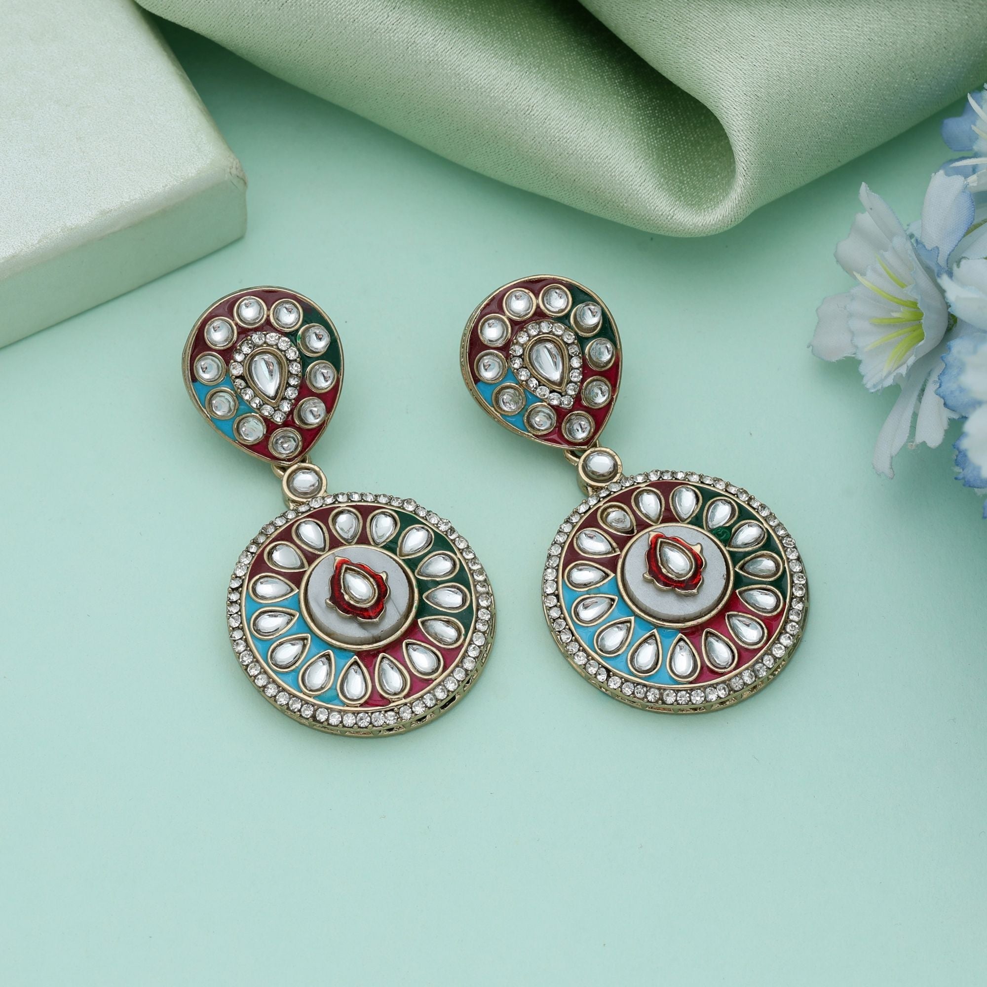 Multi Color Meena Work Kundan Earrings Festive Ethnic Designer Jewelry
