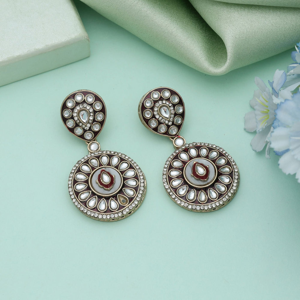 Maroon Color Meena Work Kundan Earrings Royal Bridal Jewelry