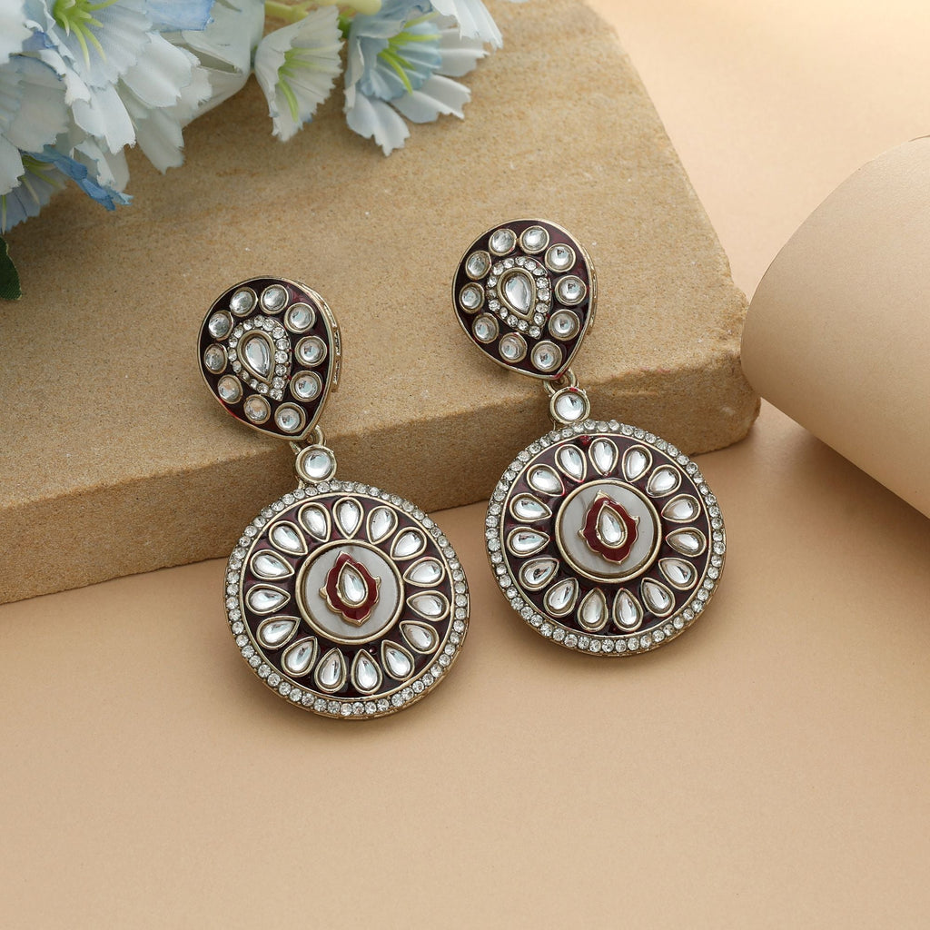 Maroon Color Meena Work Kundan Earrings Royal Bridal Jewelry