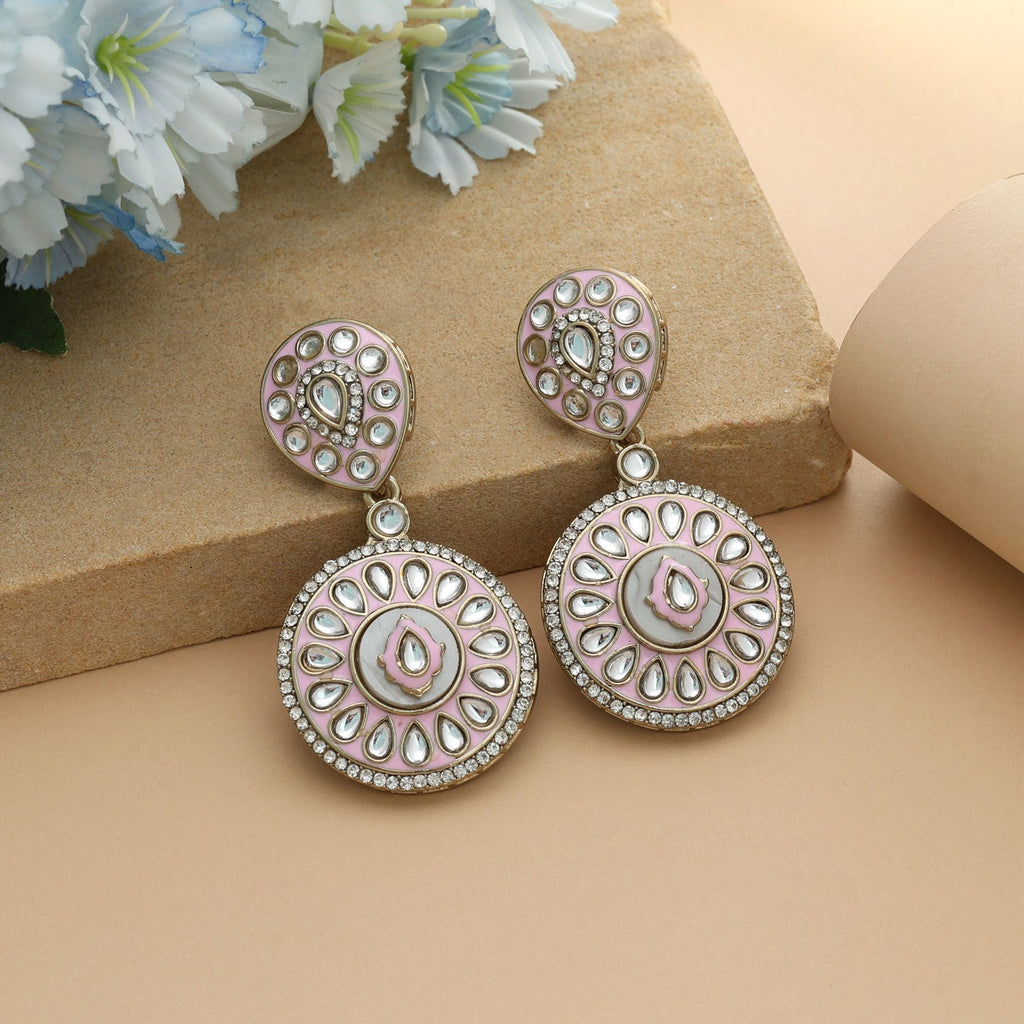 Pink Color Meena Work Kundan Earrings Elegant Feminine Ethnic Jewelry