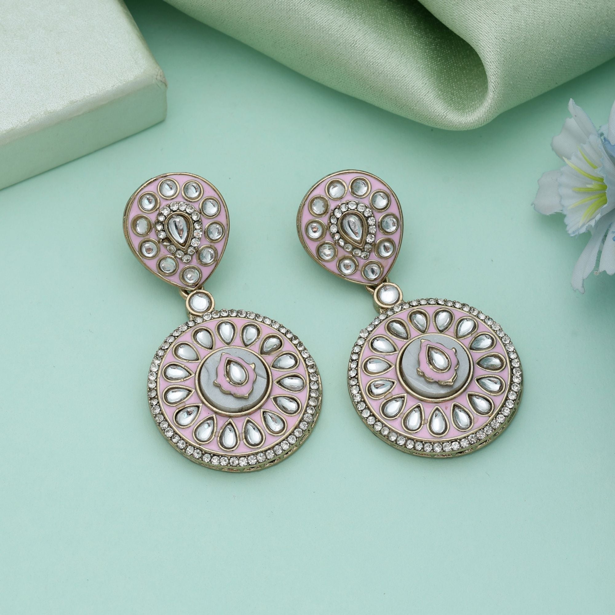 Pink Color Meena Work Kundan Earrings Elegant Feminine Ethnic Jewelry