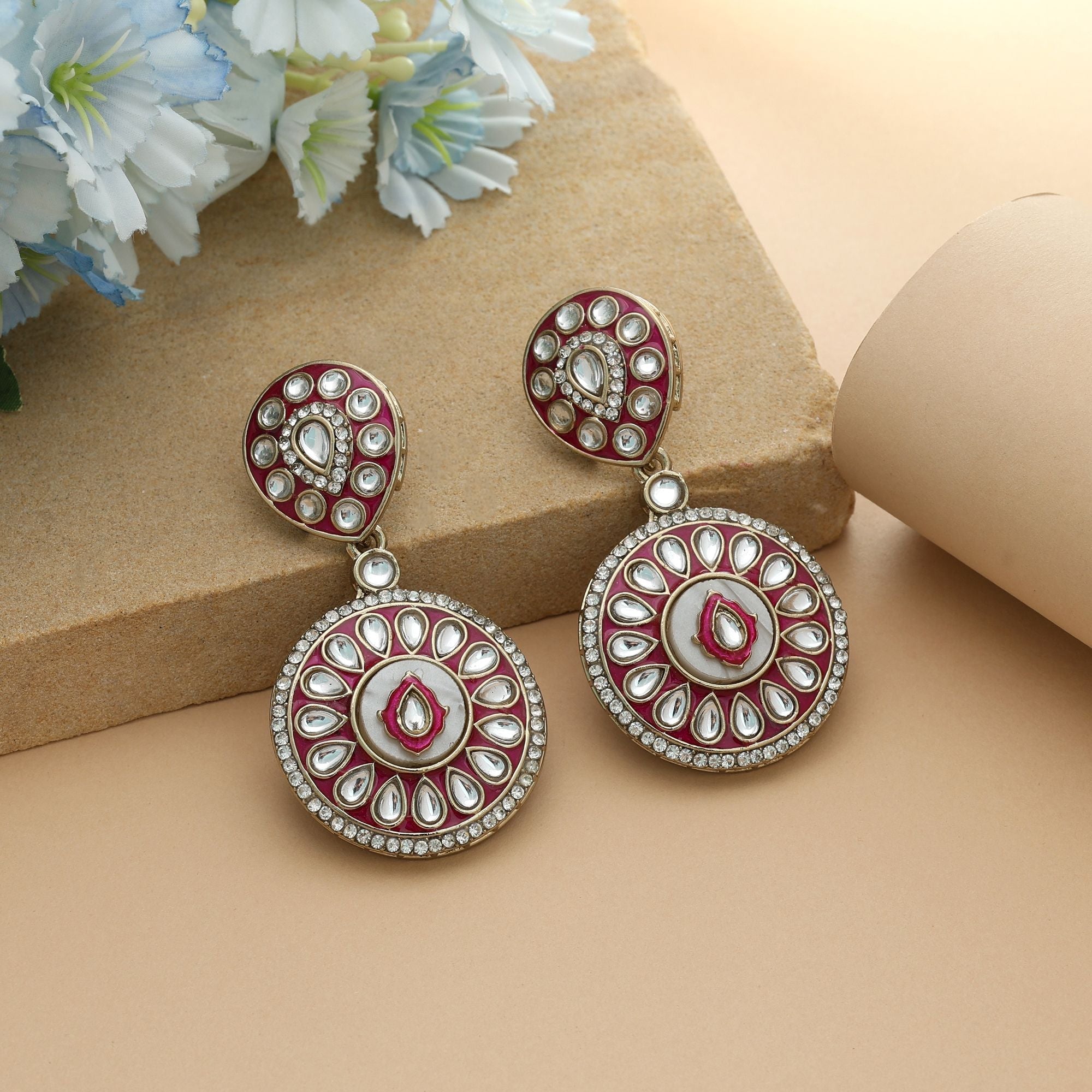 Red Color Meena Work Kundan Earrings Traditional Wedding Jewelry