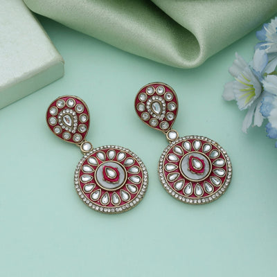 Red Color Meena Work Kundan Earrings Traditional Wedding Jewelry
