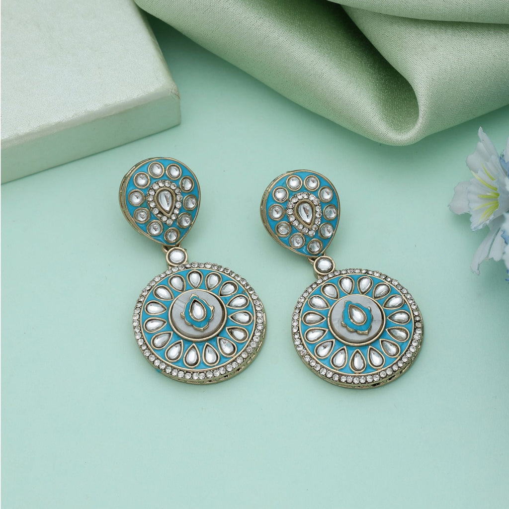 Rama Green Color Meena Work Kundan Earrings Classic Ethnic Jewelry