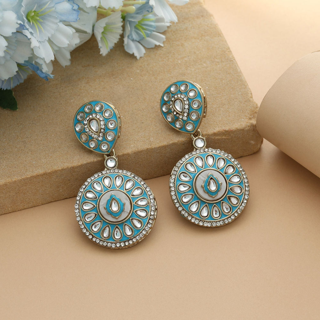 Rama Green Color Meena Work Kundan Earrings Classic Ethnic Jewelry
