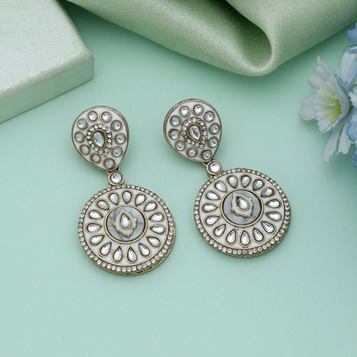 White Color Meena Work Kundan Earrings Elegant Classic Wedding Jewelry
