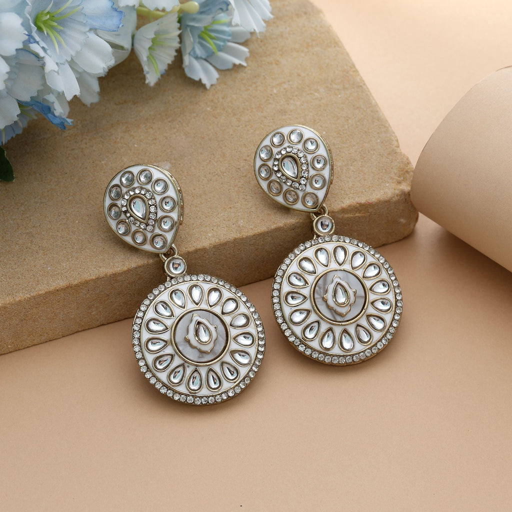 White Color Meena Work Kundan Earrings Elegant Classic Wedding Jewelry