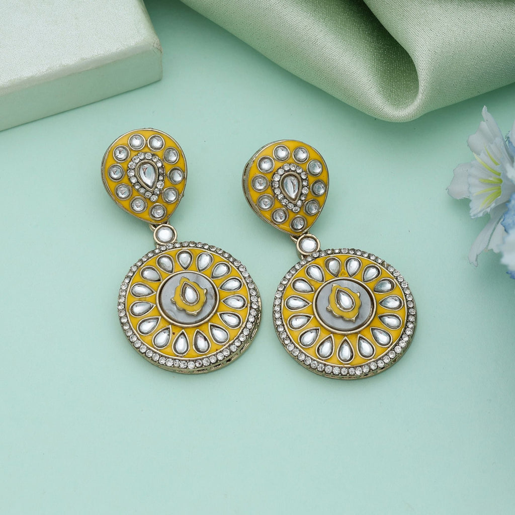 Yellow Color Meena Work Kundan Earrings Bright Festive Jewelry