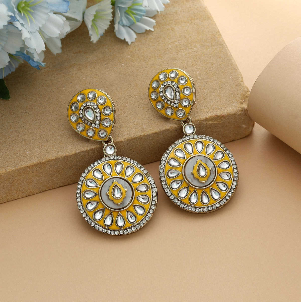 Yellow Color Meena Work Kundan Earrings Bright Festive Jewelry