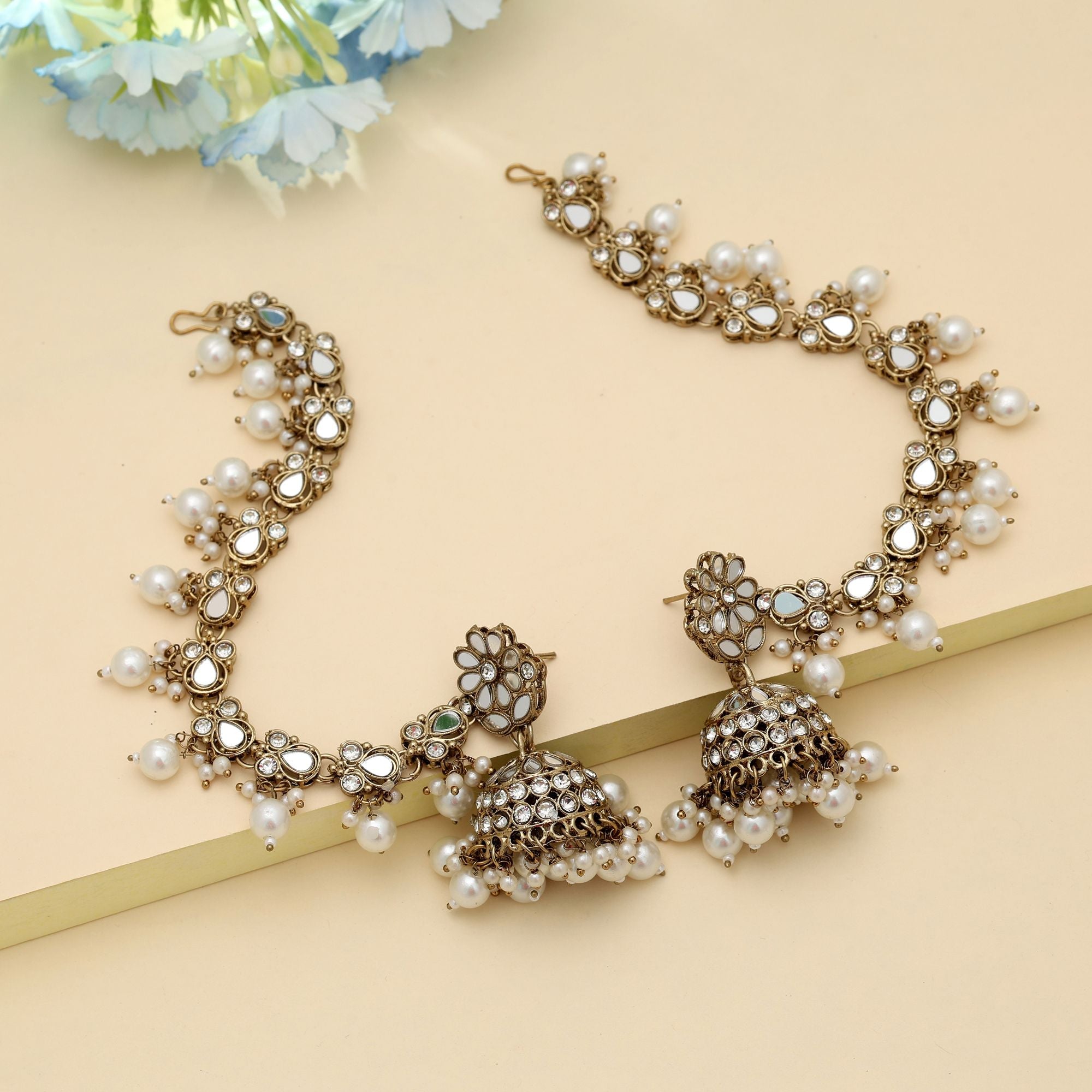 White Color Mirror Kundan Earrings Party Wear