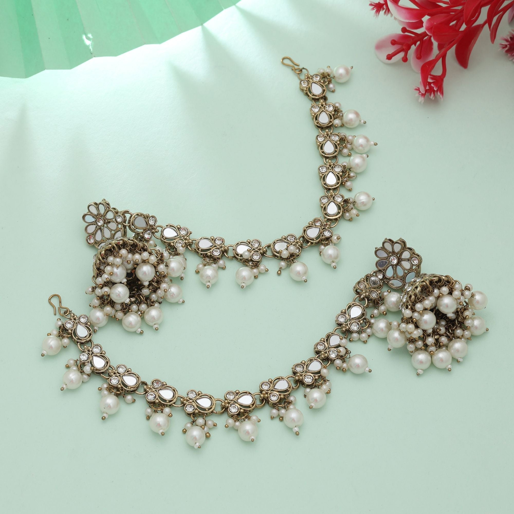 White Color Mirror Kundan Earrings Party Wear