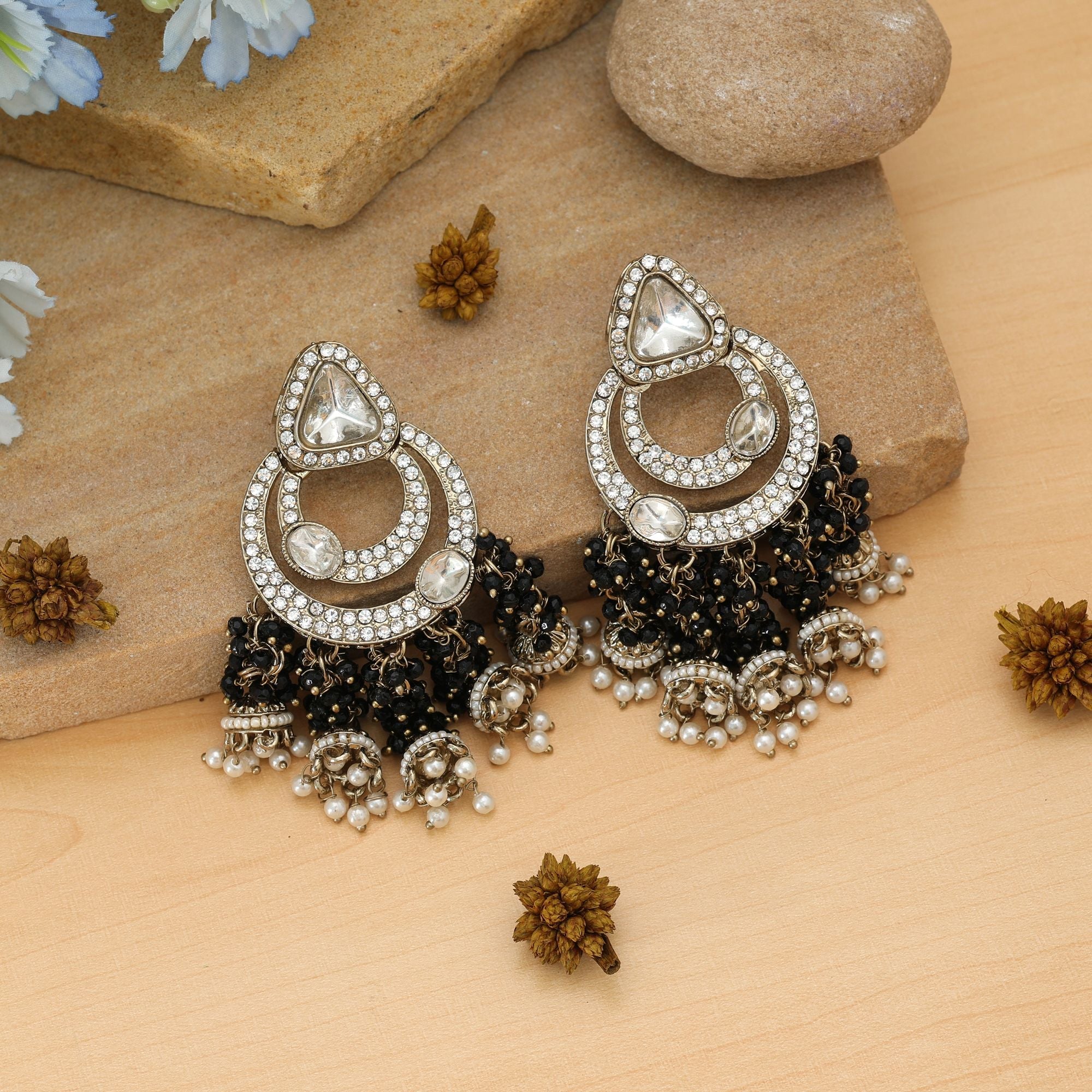 Black Color Kundan Earrings Traditional Wear