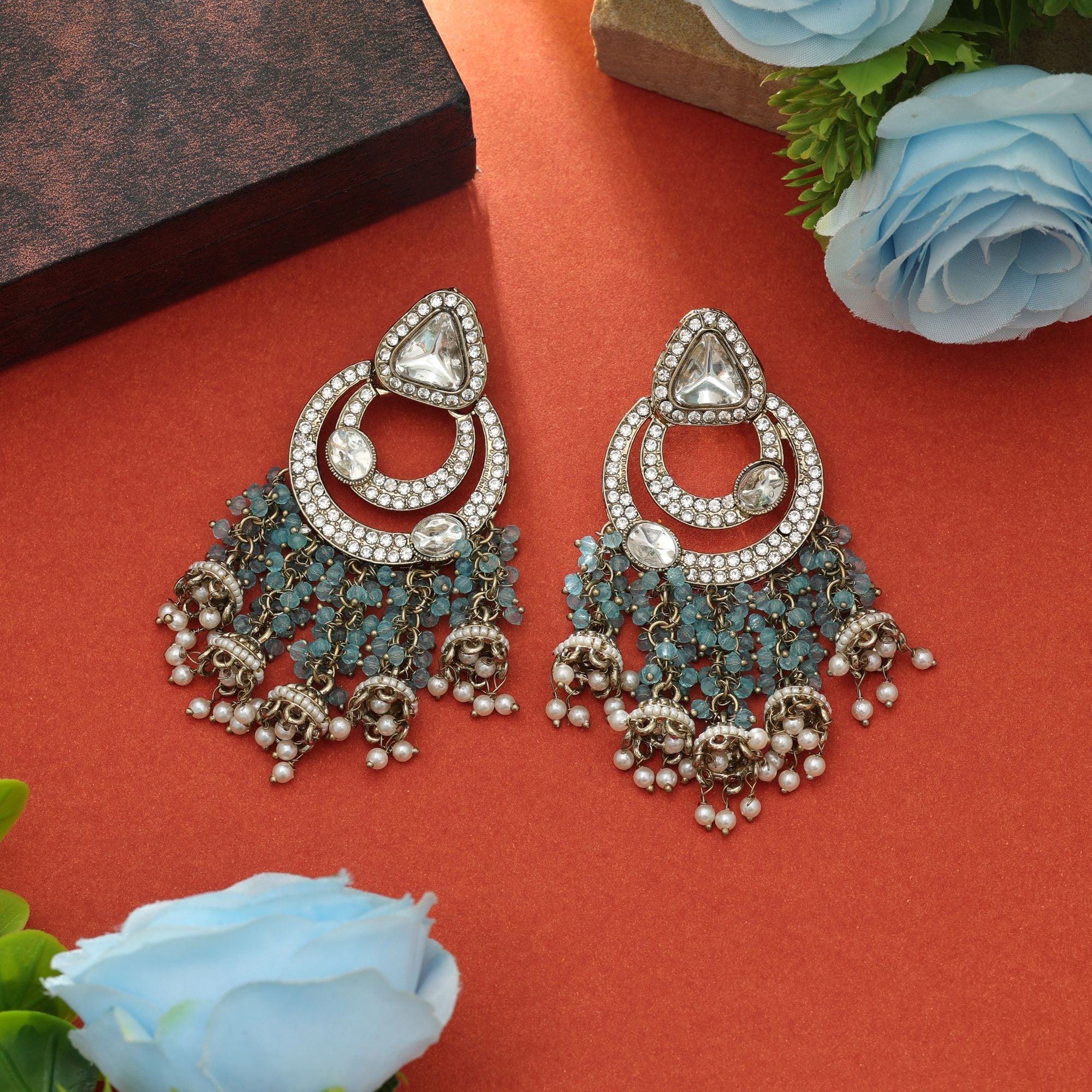 Firozi Color Kundan Earrings Party Wear
