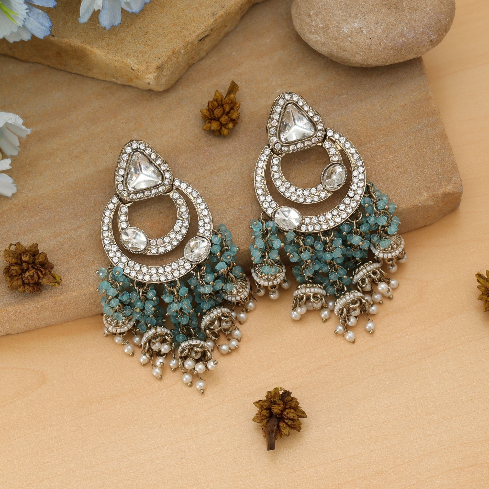 Firozi Color Kundan Earrings Party Wear