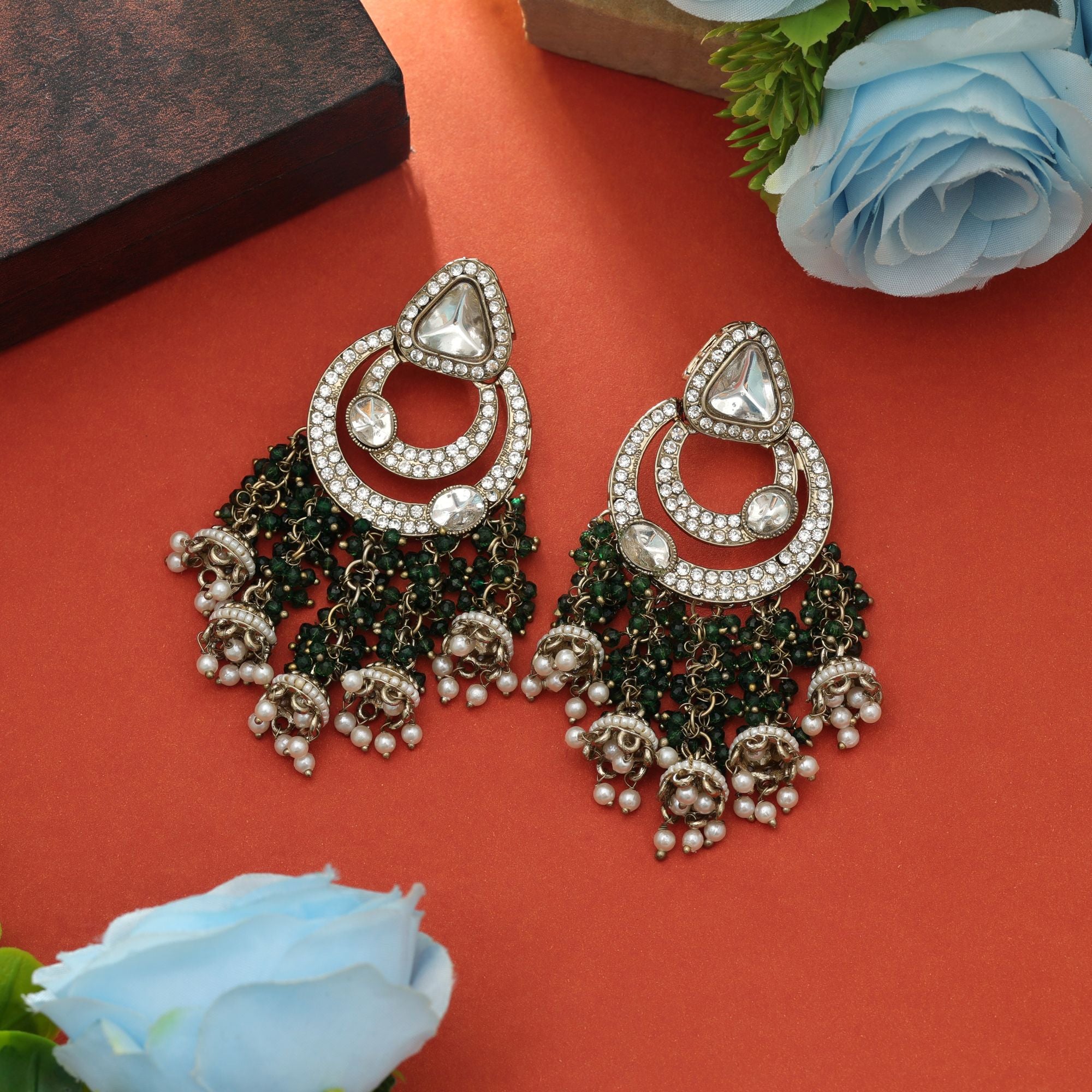 Green Color Kundan Earrings Party Wear