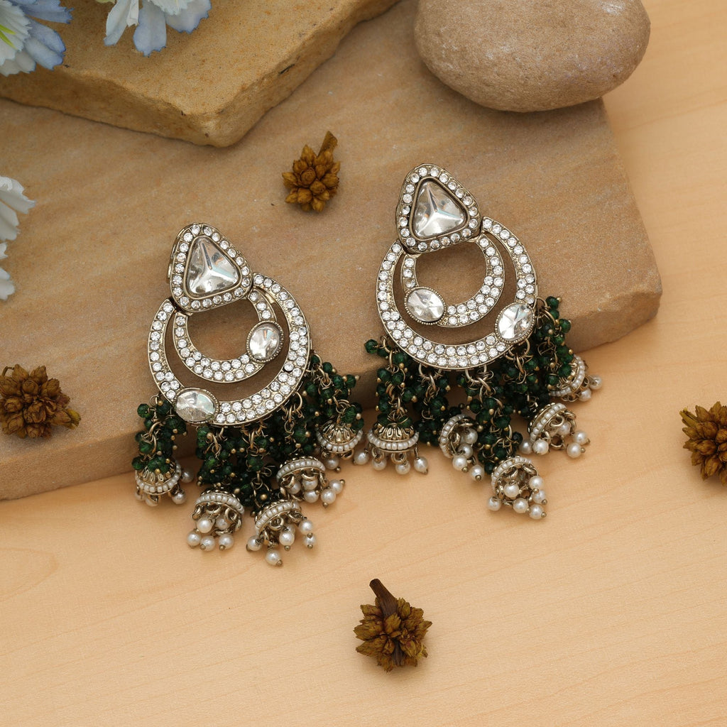 Green Color Kundan Earrings Party Wear