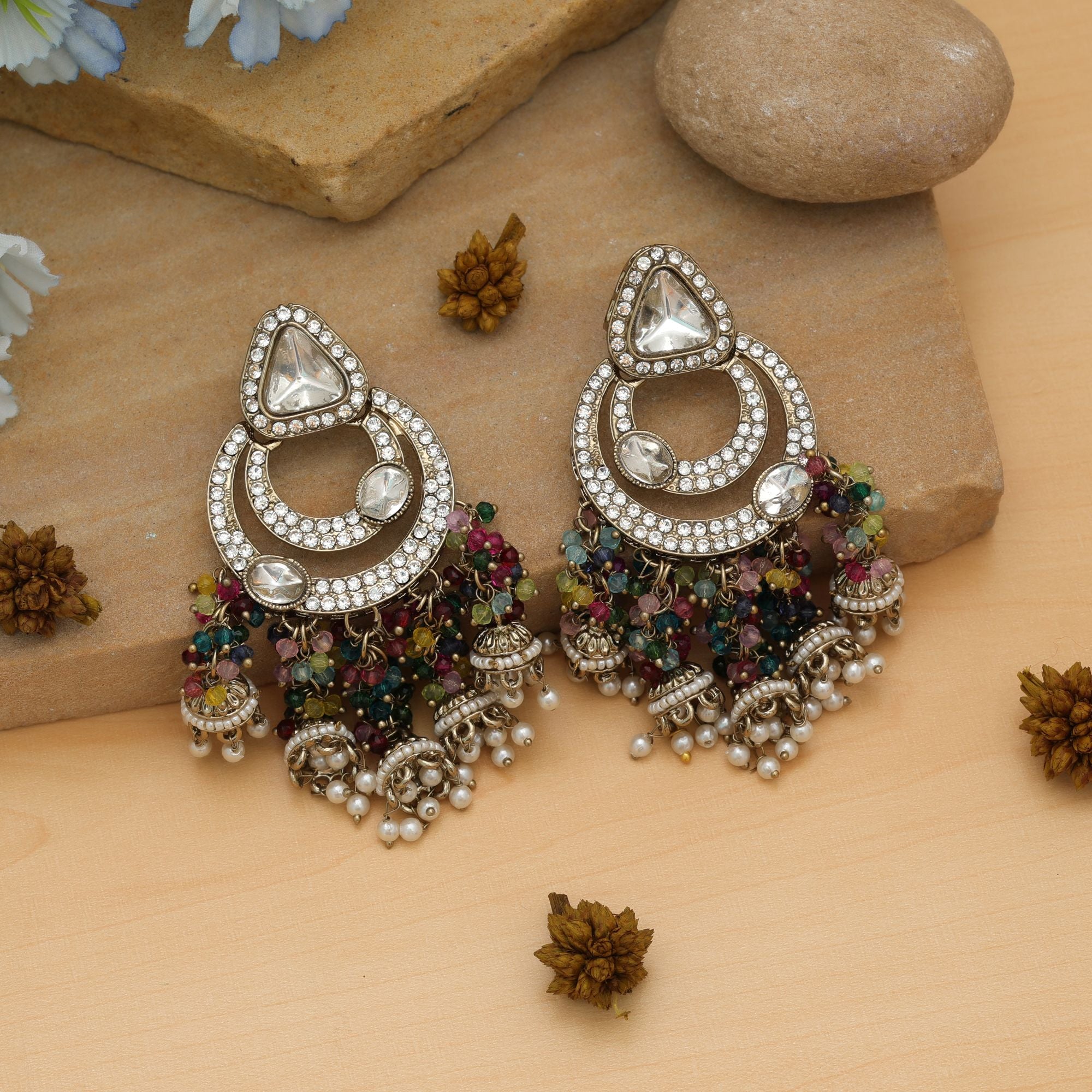 Multi Color Kundan Earrings Festive Wear