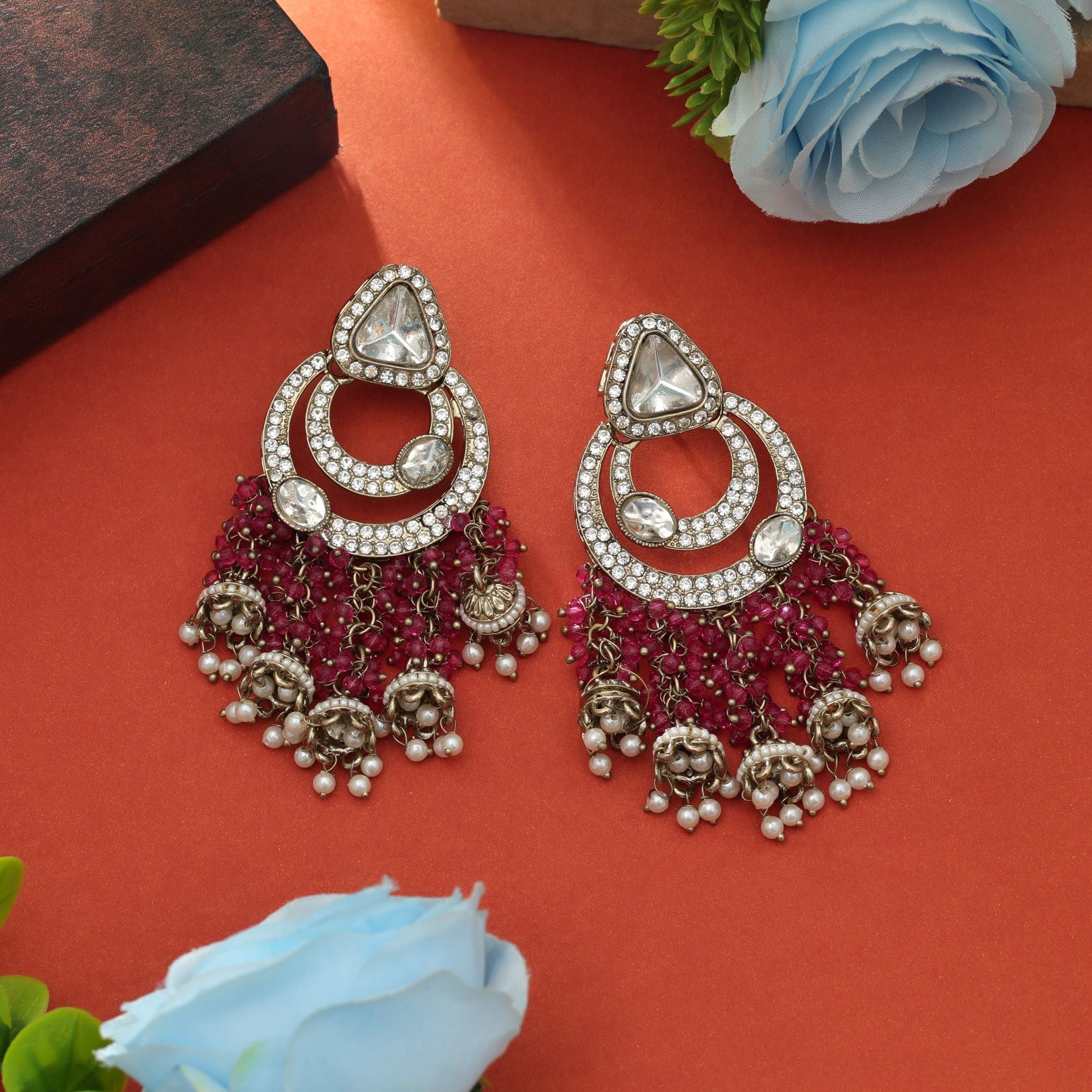 Magenta Color Kundan Earrings Statement Wear