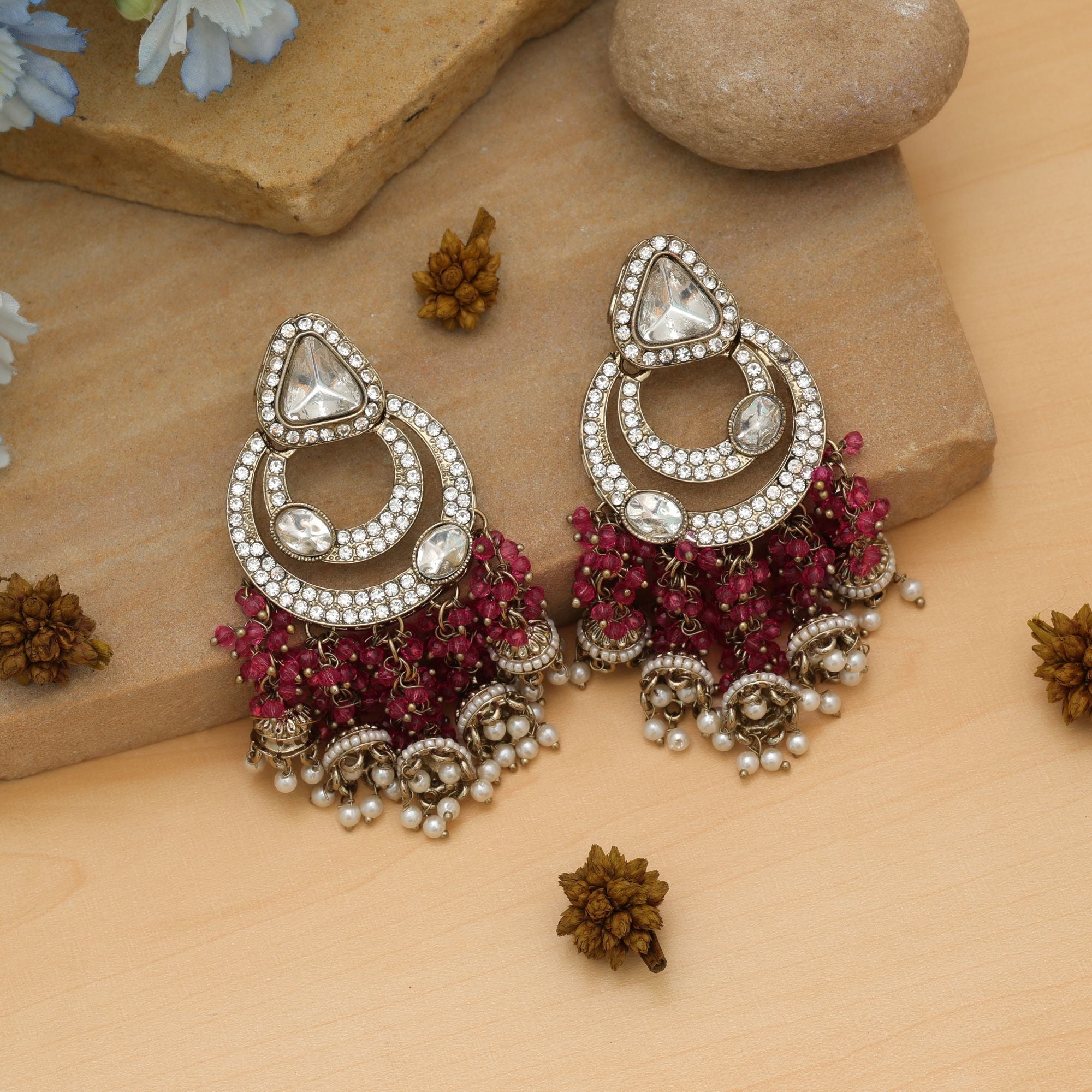 Magenta Color Kundan Earrings Statement Wear