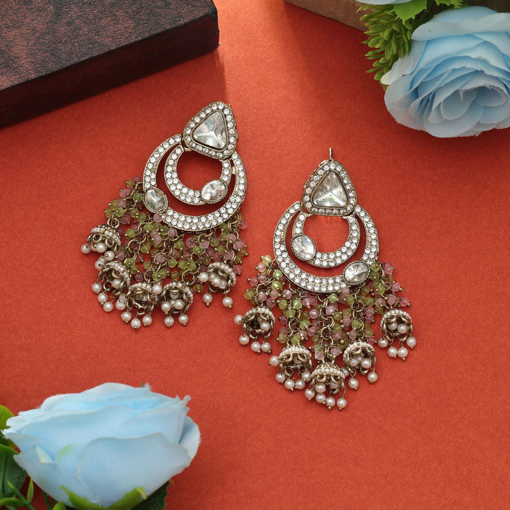 Pista Green & Pink Color Kundan Earrings Designer Wear