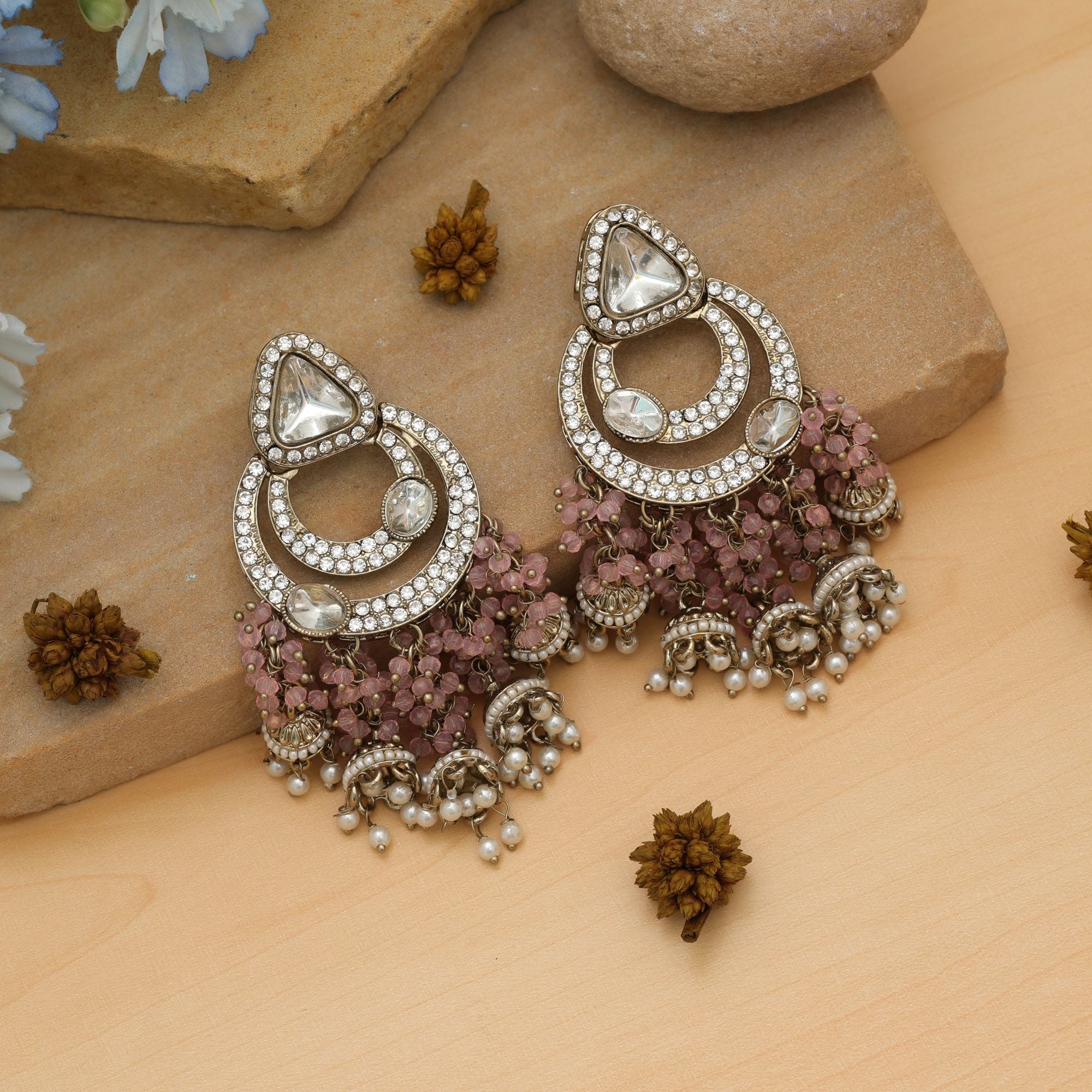 Pink Color Kundan Earrings Party Wear