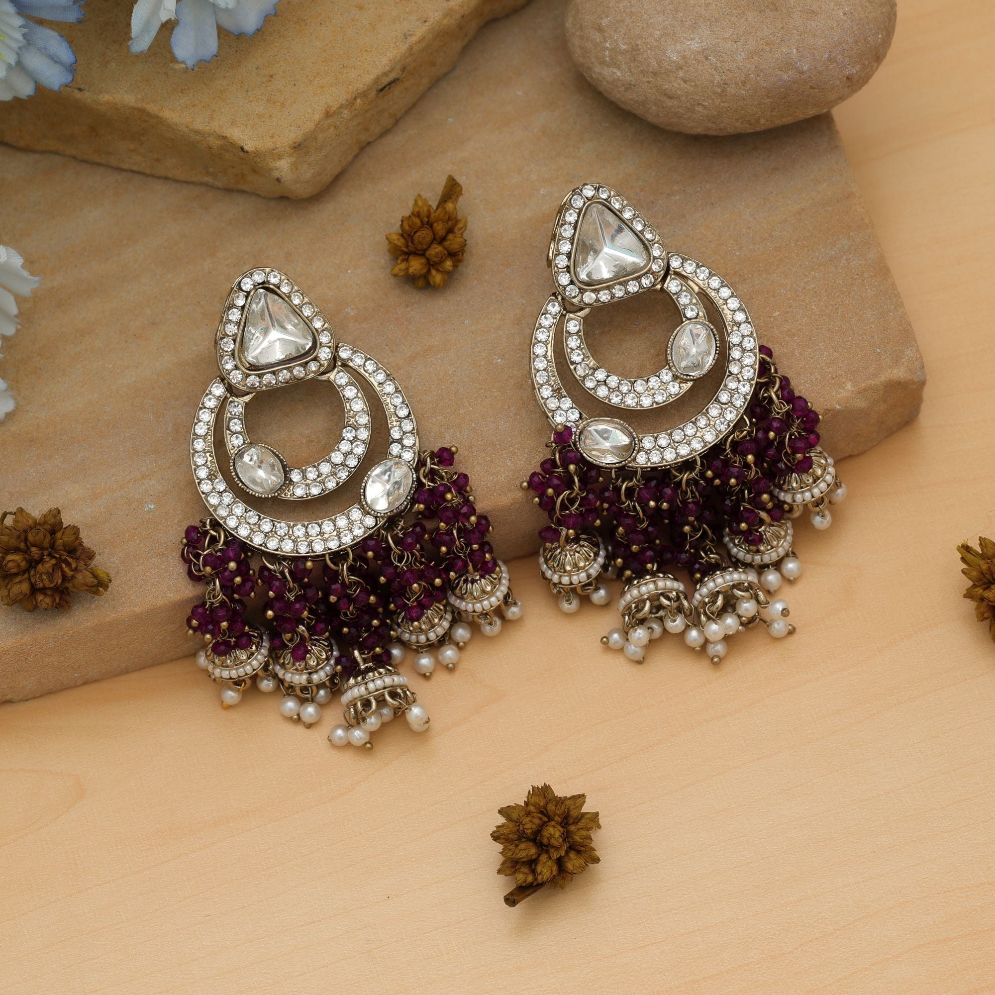 Purple Color Kundan Earrings Festive Wear