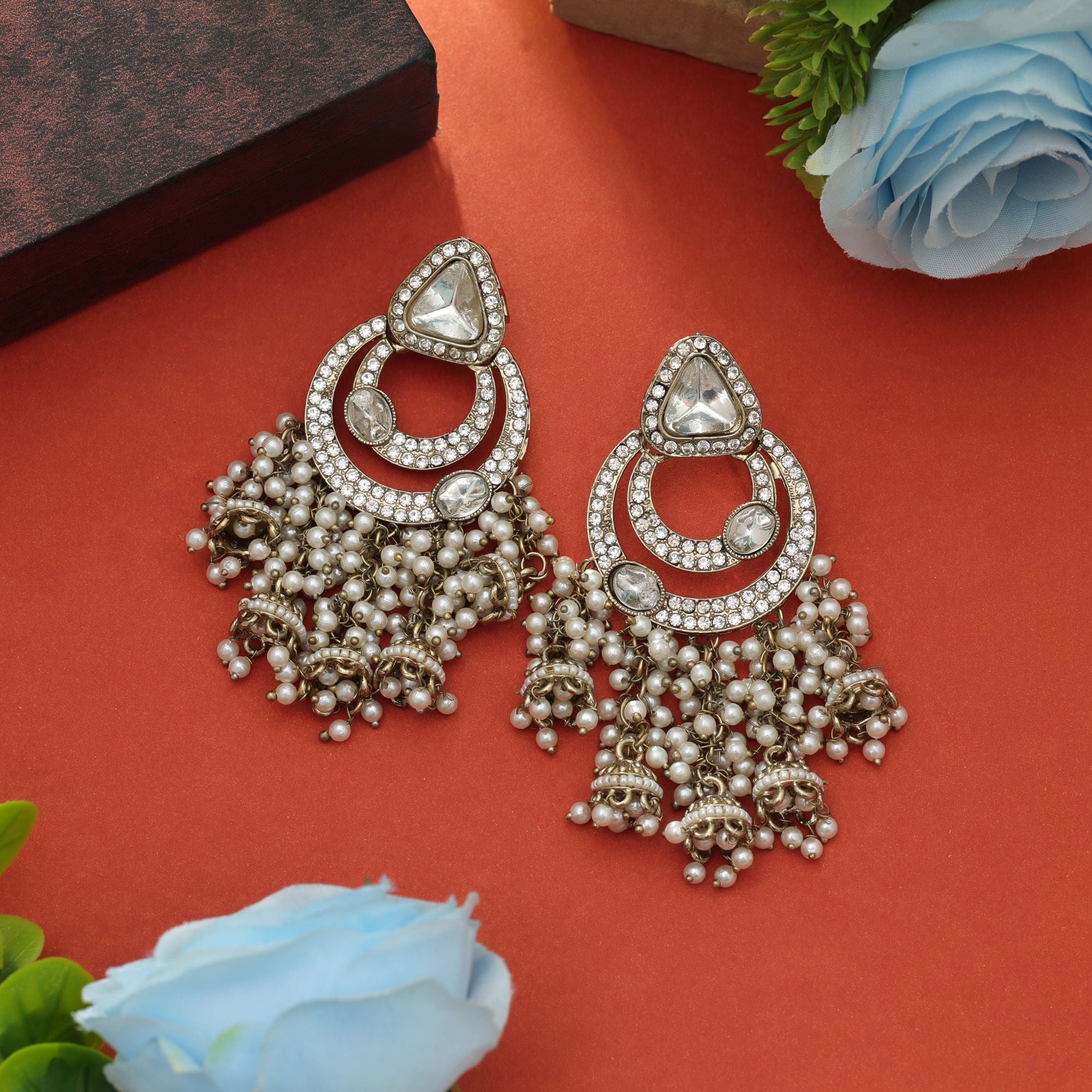 White Color Kundan Earrings Wedding Wear