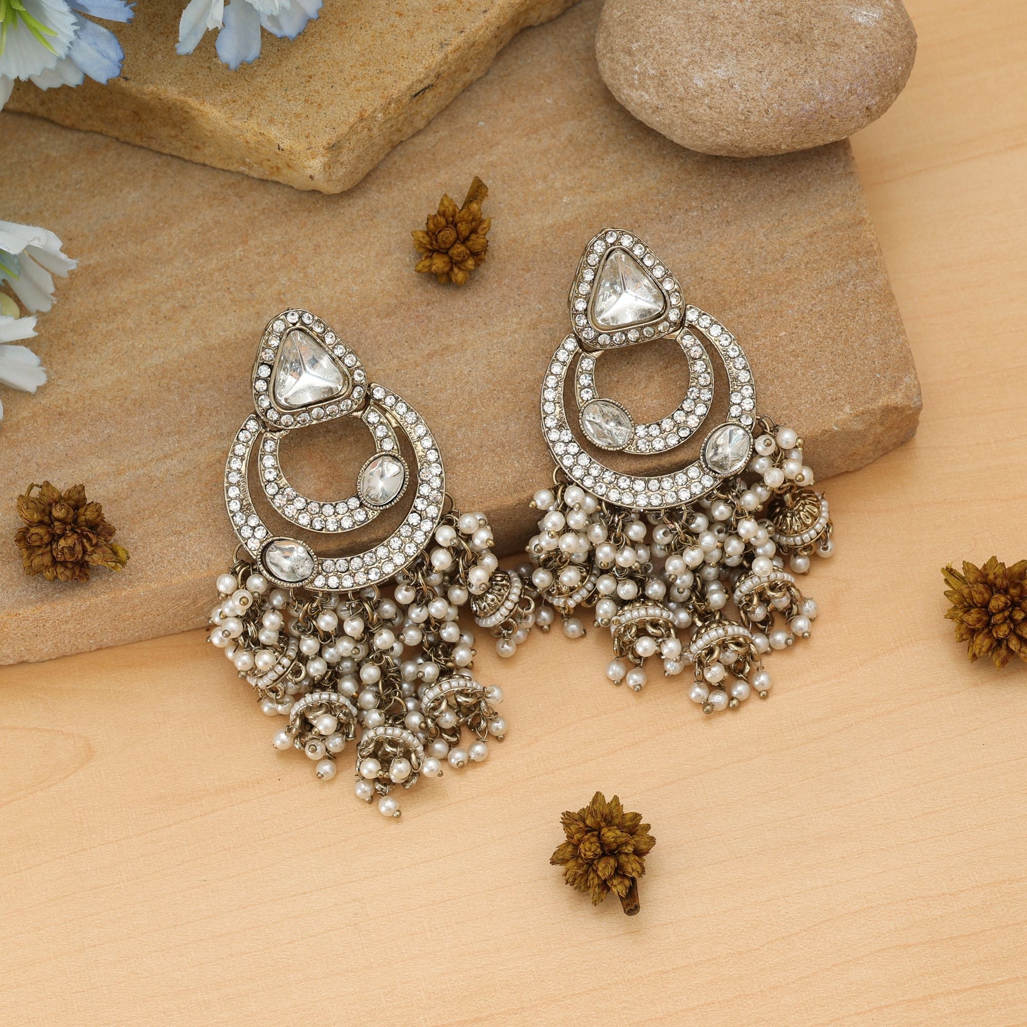 White Color Kundan Earrings Wedding Wear