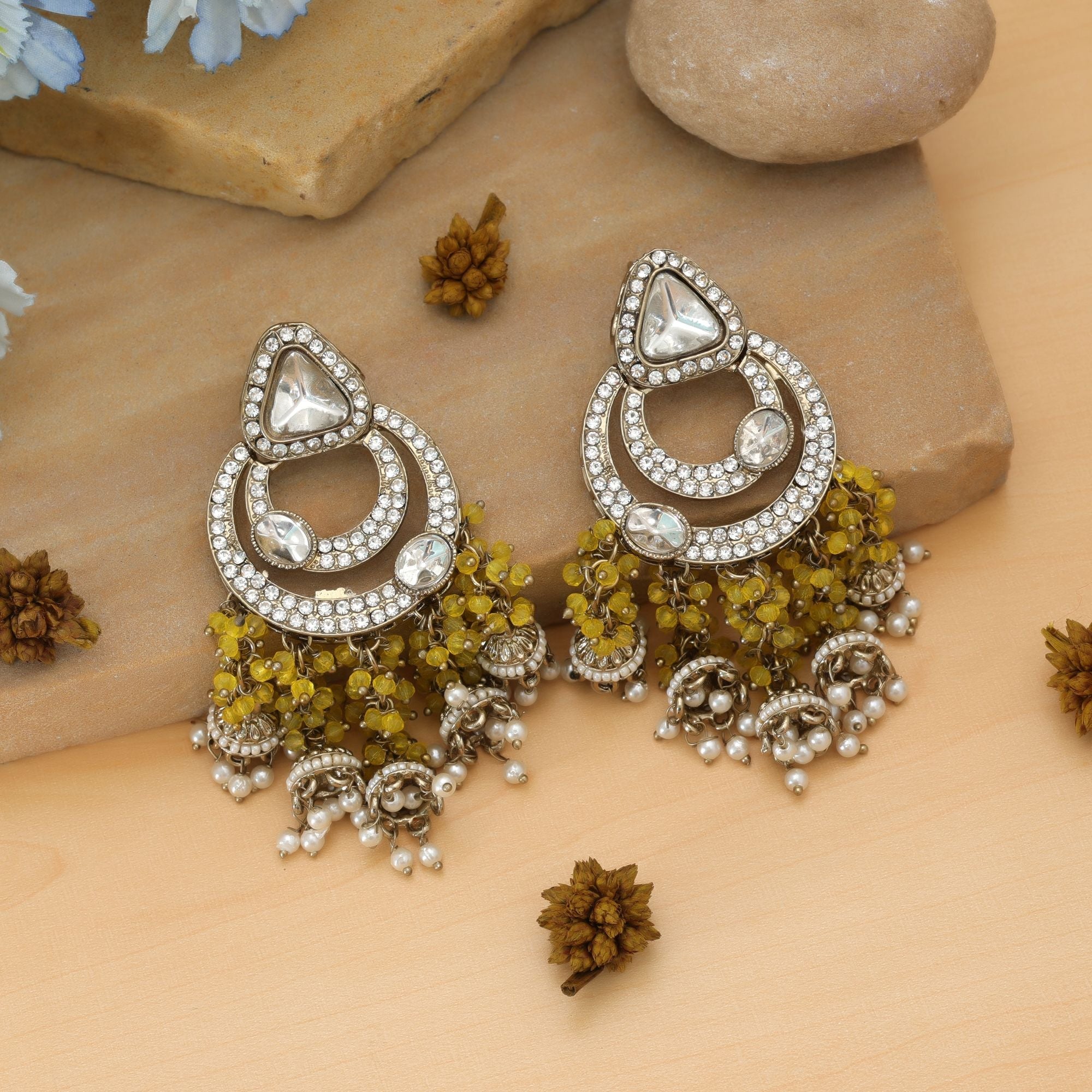 Yellow Color Kundan Earrings Festive Wear