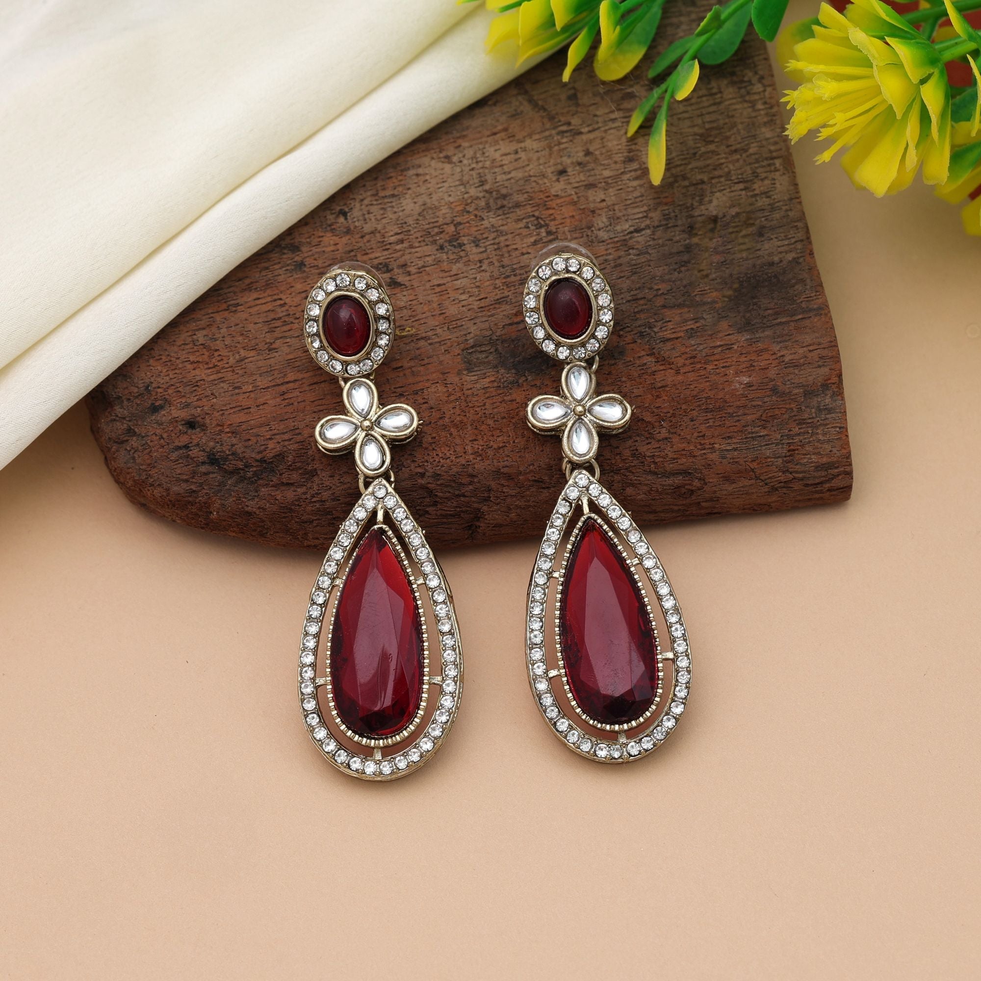 Maroon Kundan Earrings - Traditional