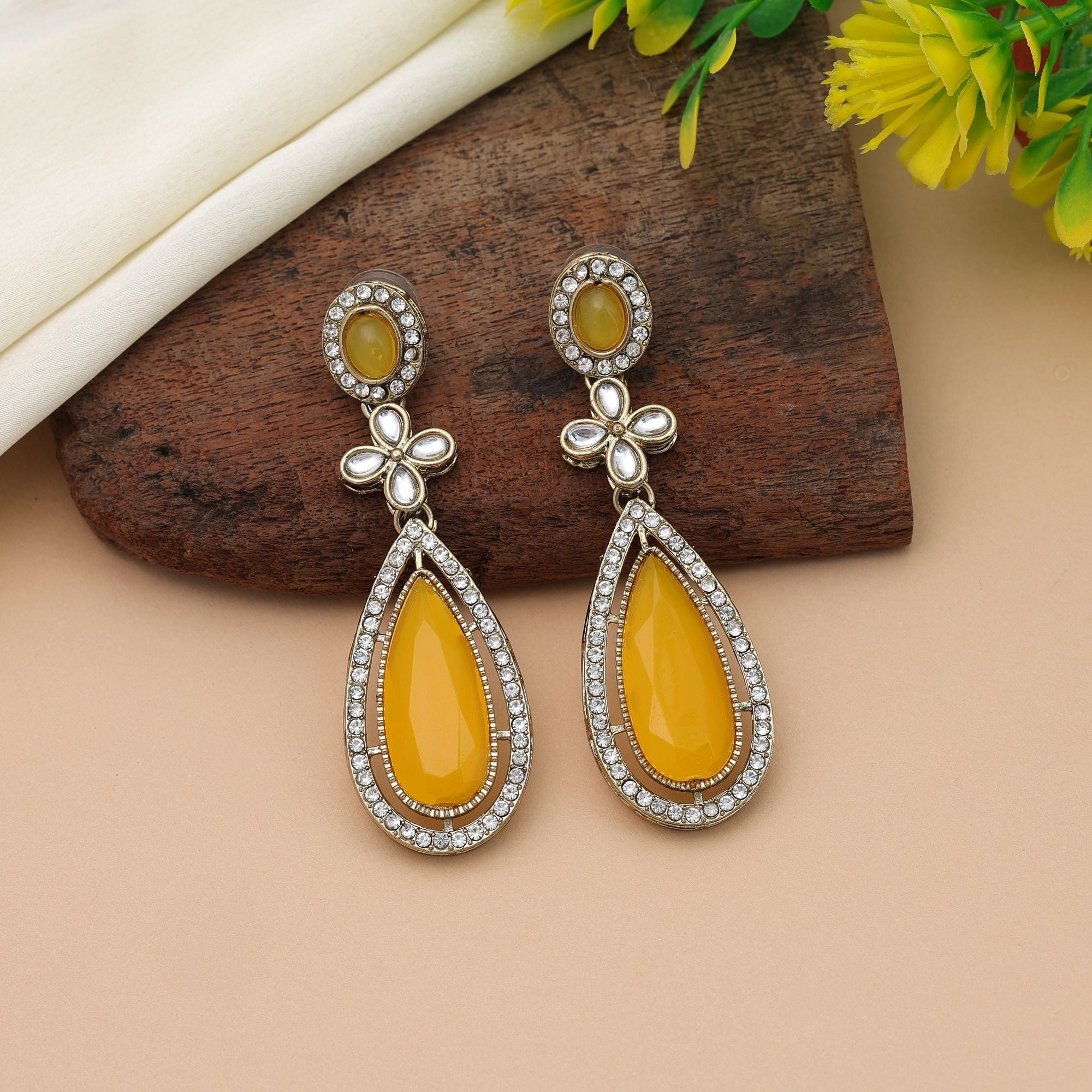 Yellow Kundan Earrings - Ethnic Wear