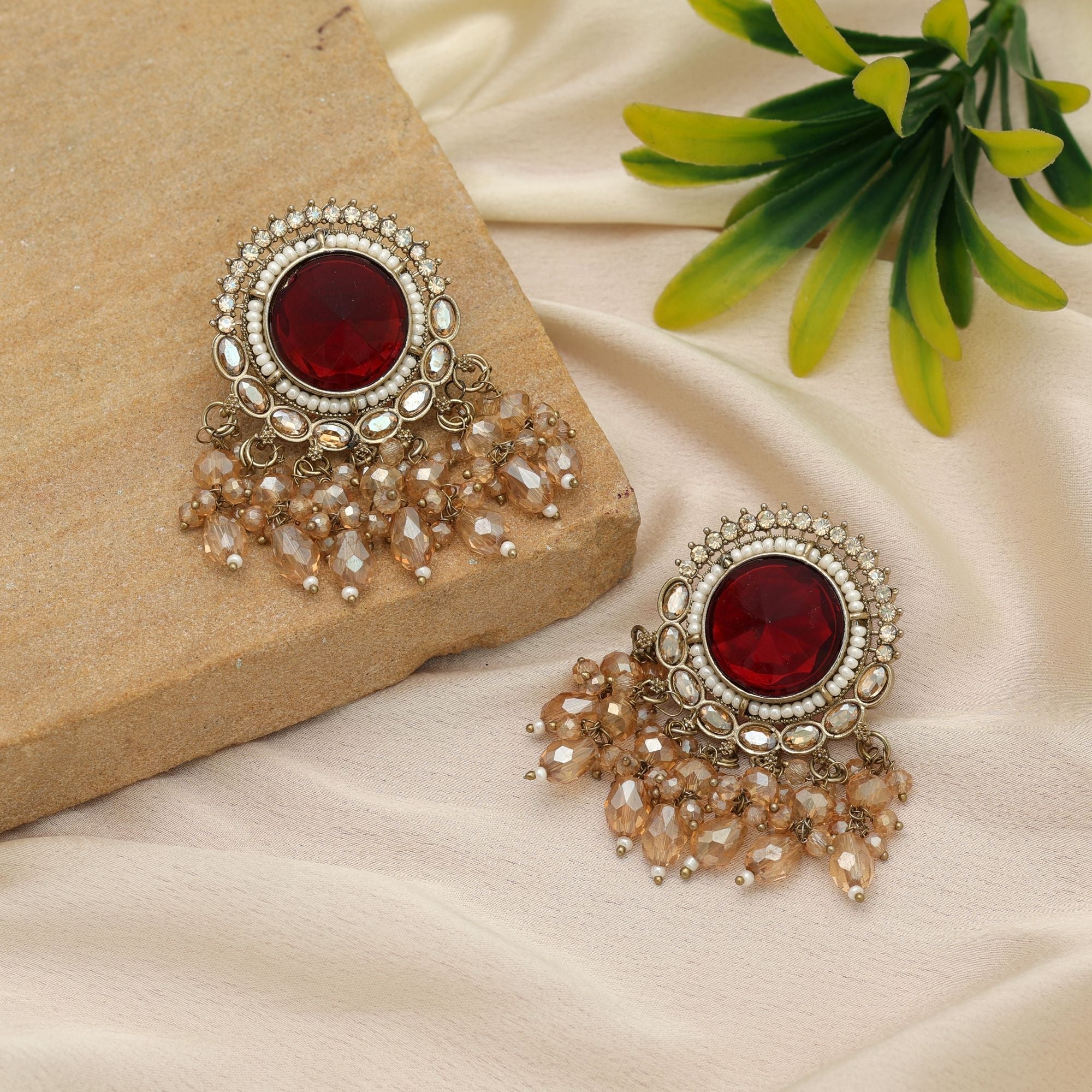 Maroon Kundan Earrings - Designer Wear