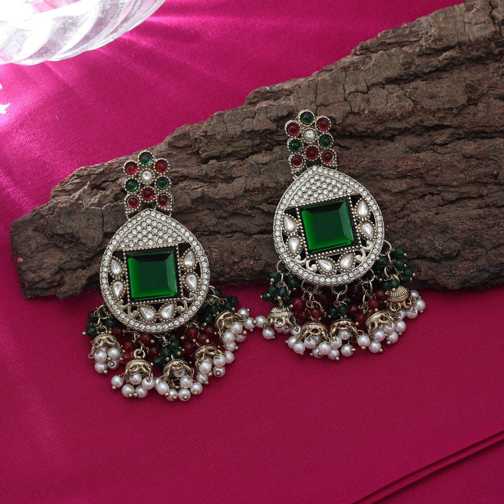 Maroon & Green Kundan Earrings