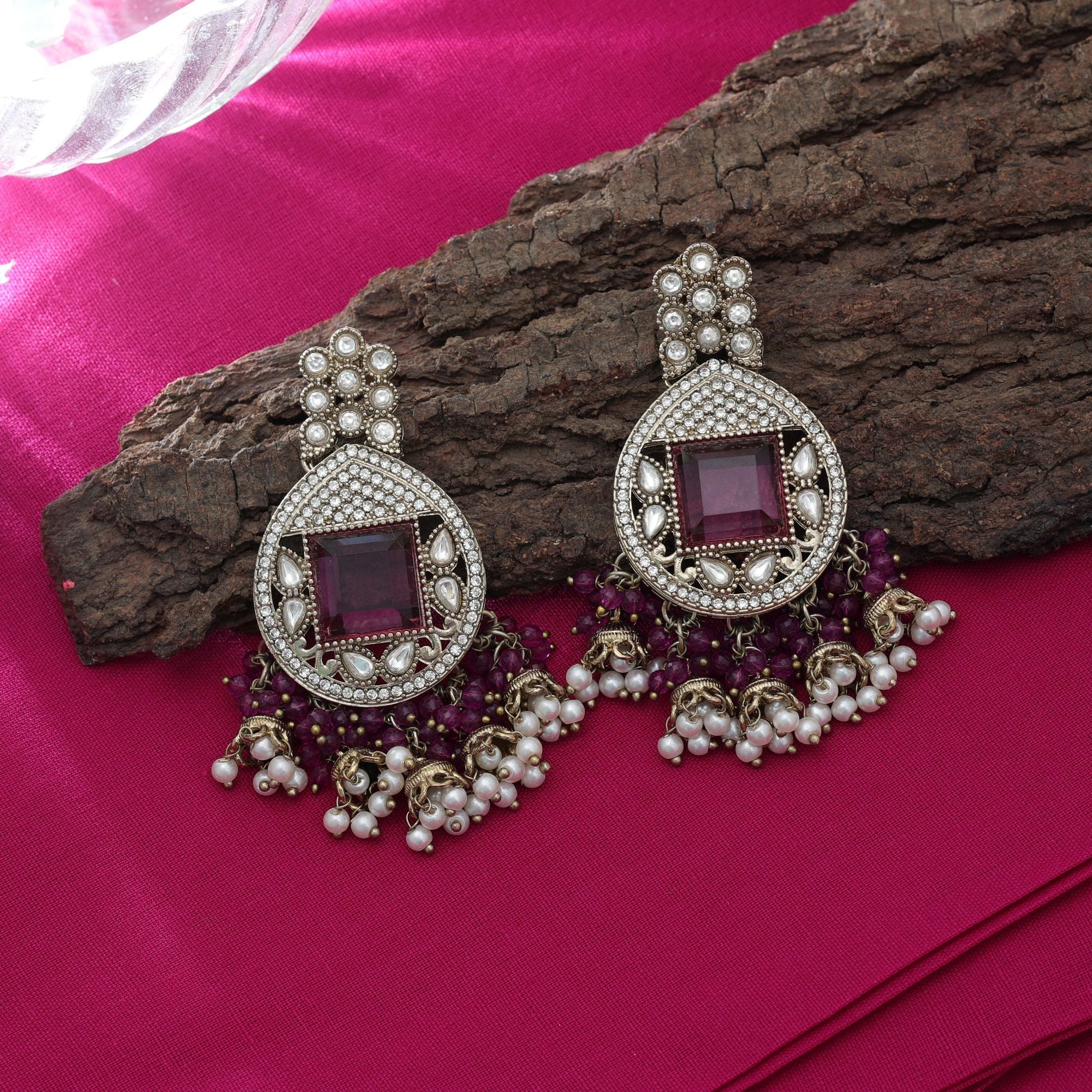 Magenta Kundan Earrings - Women’s Fashion