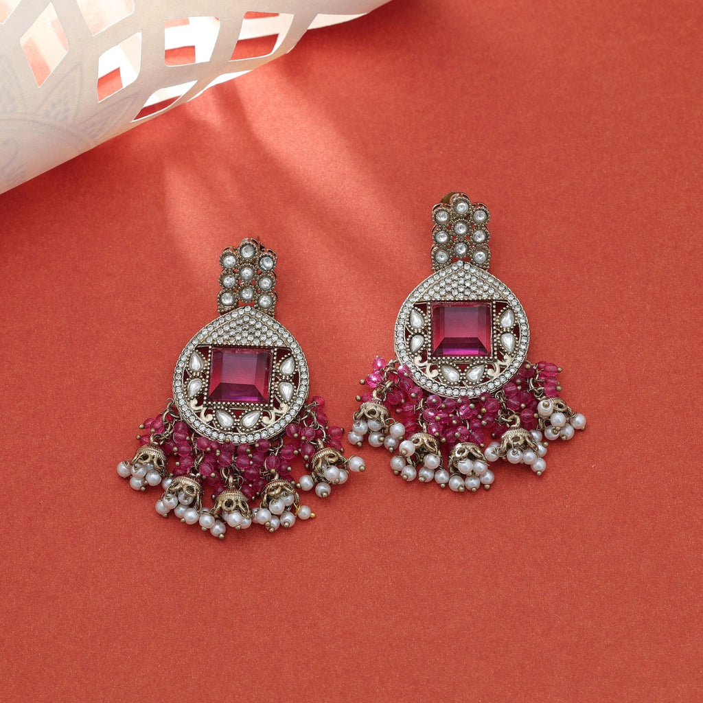 Magenta Kundan Earrings - Women’s Fashion