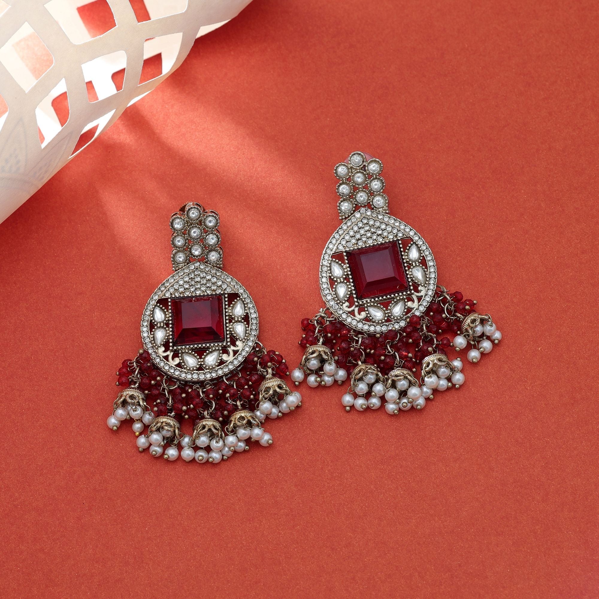 Maroon Kundan Earrings - Ethnic Wear